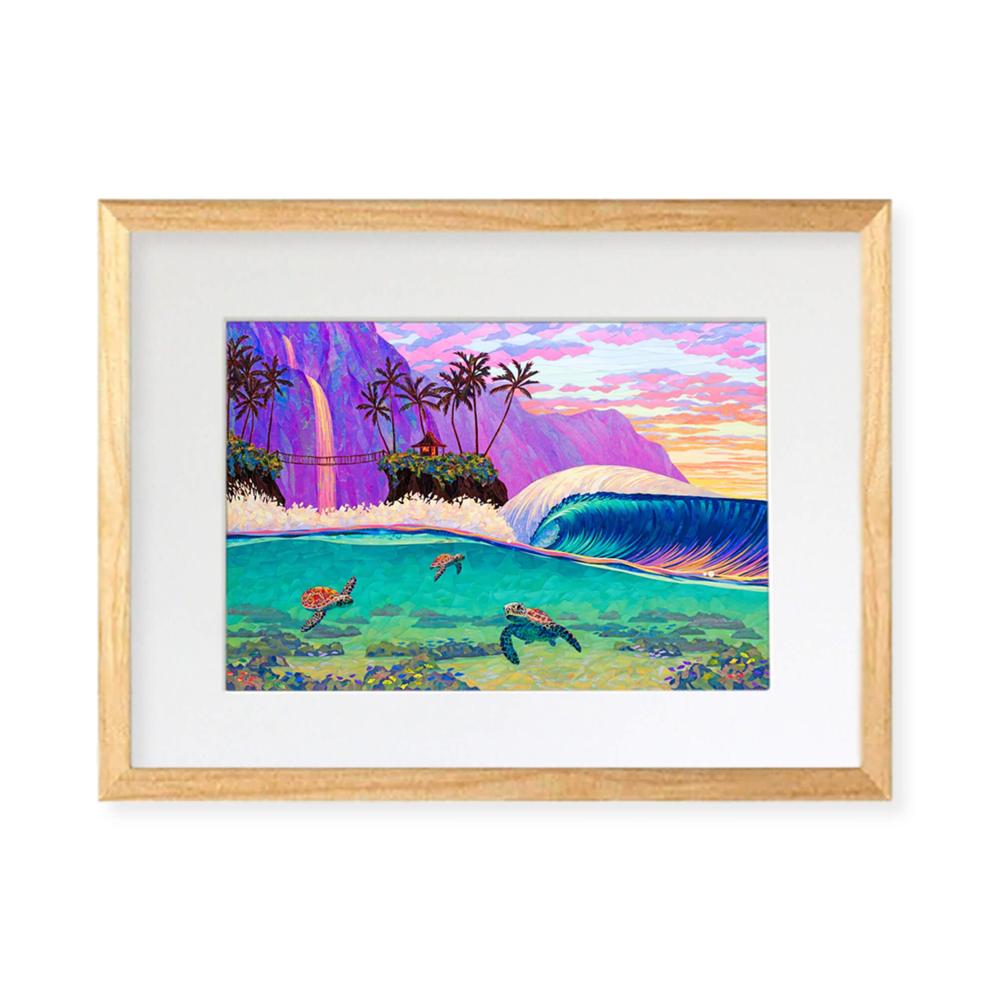 A framed matted art print featuring a collage of a stunning seascape with three sea turtles, a hut on an island, and a colorful mountain with a waterfall background by Hawaii artist Patrick Parker