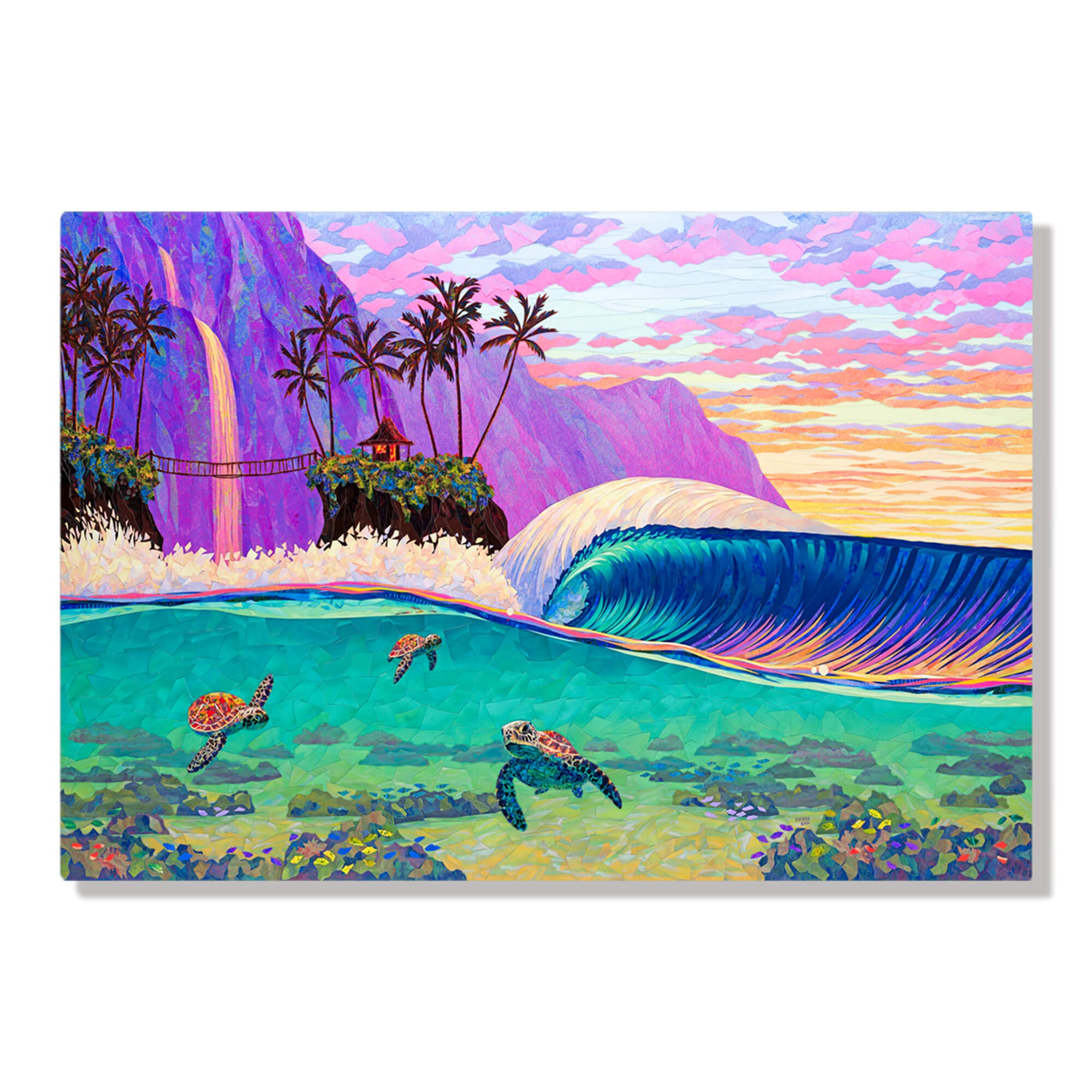 A metal art print featuring a collage of a stunning seascape with three sea turtles, a hut on an island, and a colorful mountain with a waterfall background, by Maui artist Patrick Parker