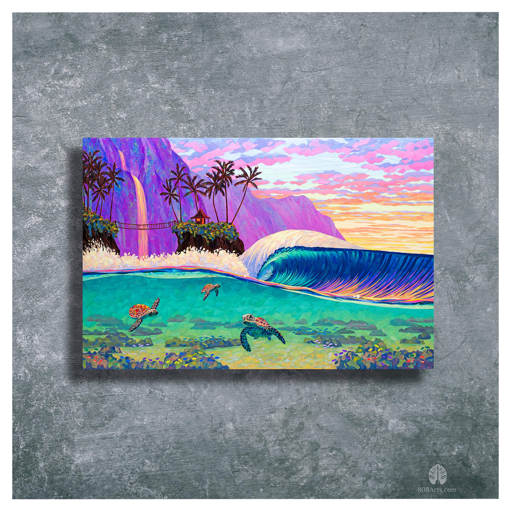 A metal art print featuring a collage of a stunning seascape with three sea turtles, a hut on an island, and a colorful mountain with a waterfall background, by Maui artist Patrick Parker