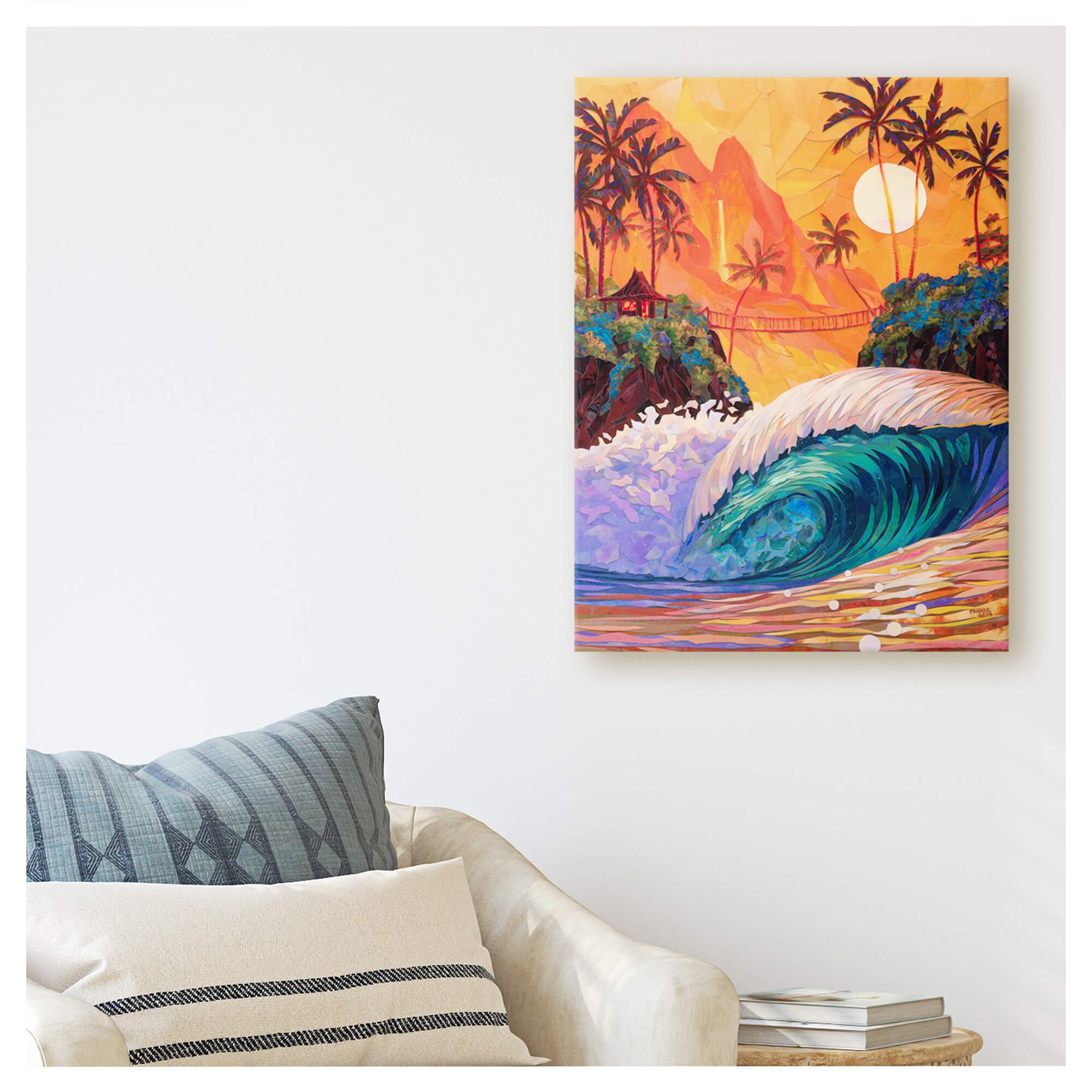 A canvas giclée art print featuring a collage of a vibrant sunset with teal-hued crashing waves, palm trees, and a mountain and waterfall background by Hawaii artist Patrick Parker