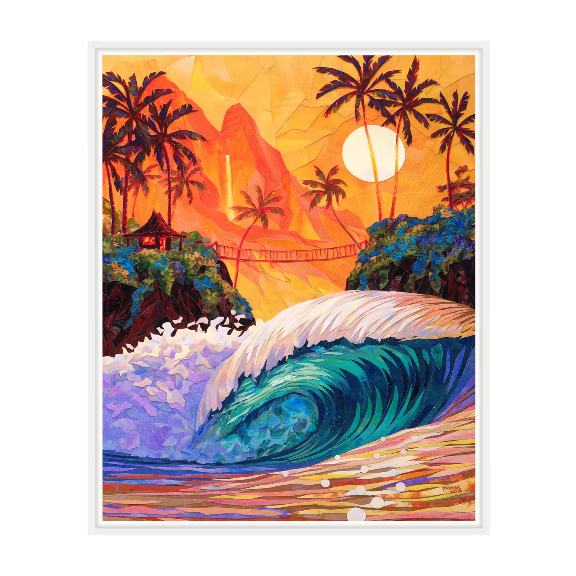 A framed canvas giclée art print featuring a collage of a vibrant sunset with teal-hued crashing waves, palm trees, and a mountain and waterfall background by Hawaii artist Patrick Parker