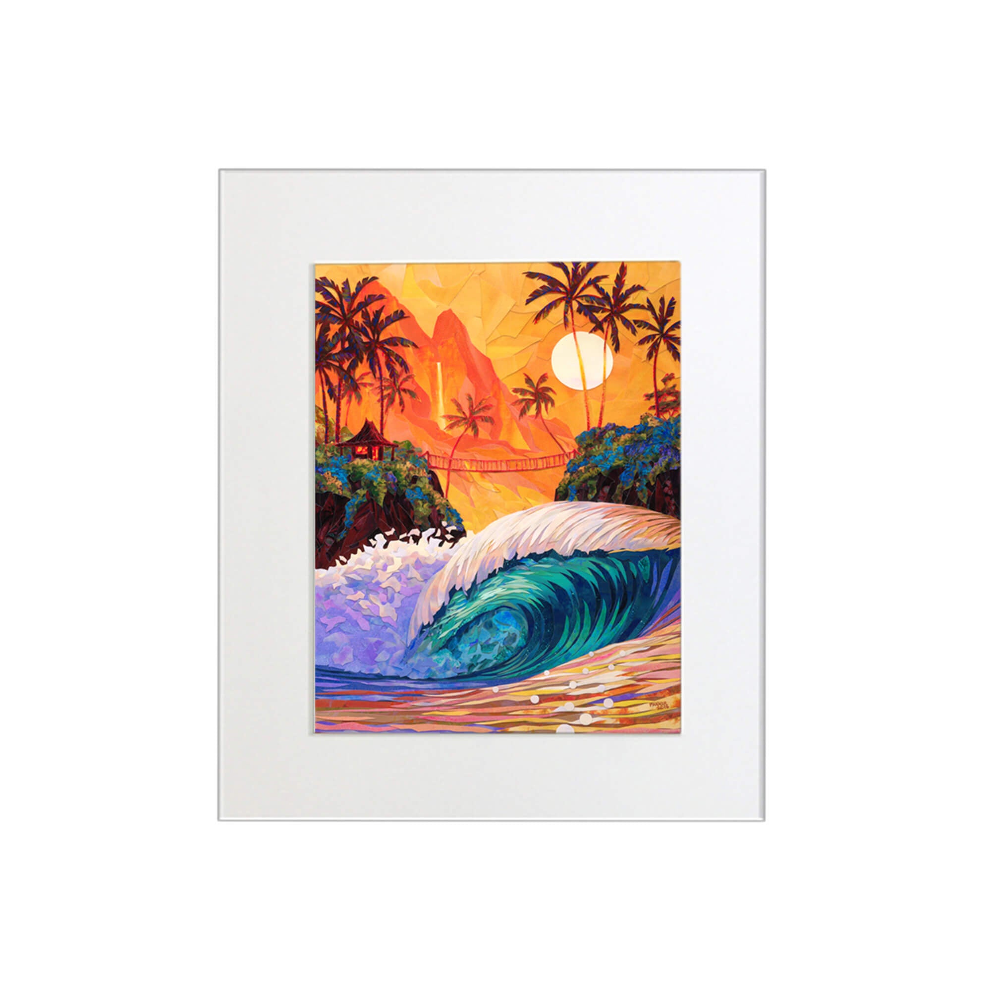 A matted art print featuring a collage of a vibrant sunset with teal-hued crashing waves, palm trees, and a mountain and waterfall background by Hawaii artist Patrick Parker