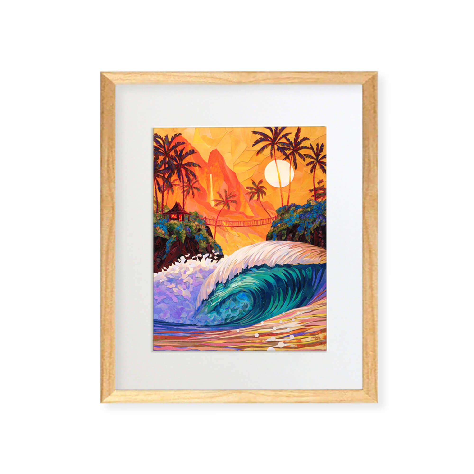 A framed matted art print featuring a collage of a vibrant sunset with teal-hued crashing waves, palm trees, and a mountain and waterfall background by Hawaii artist Patrick Parker