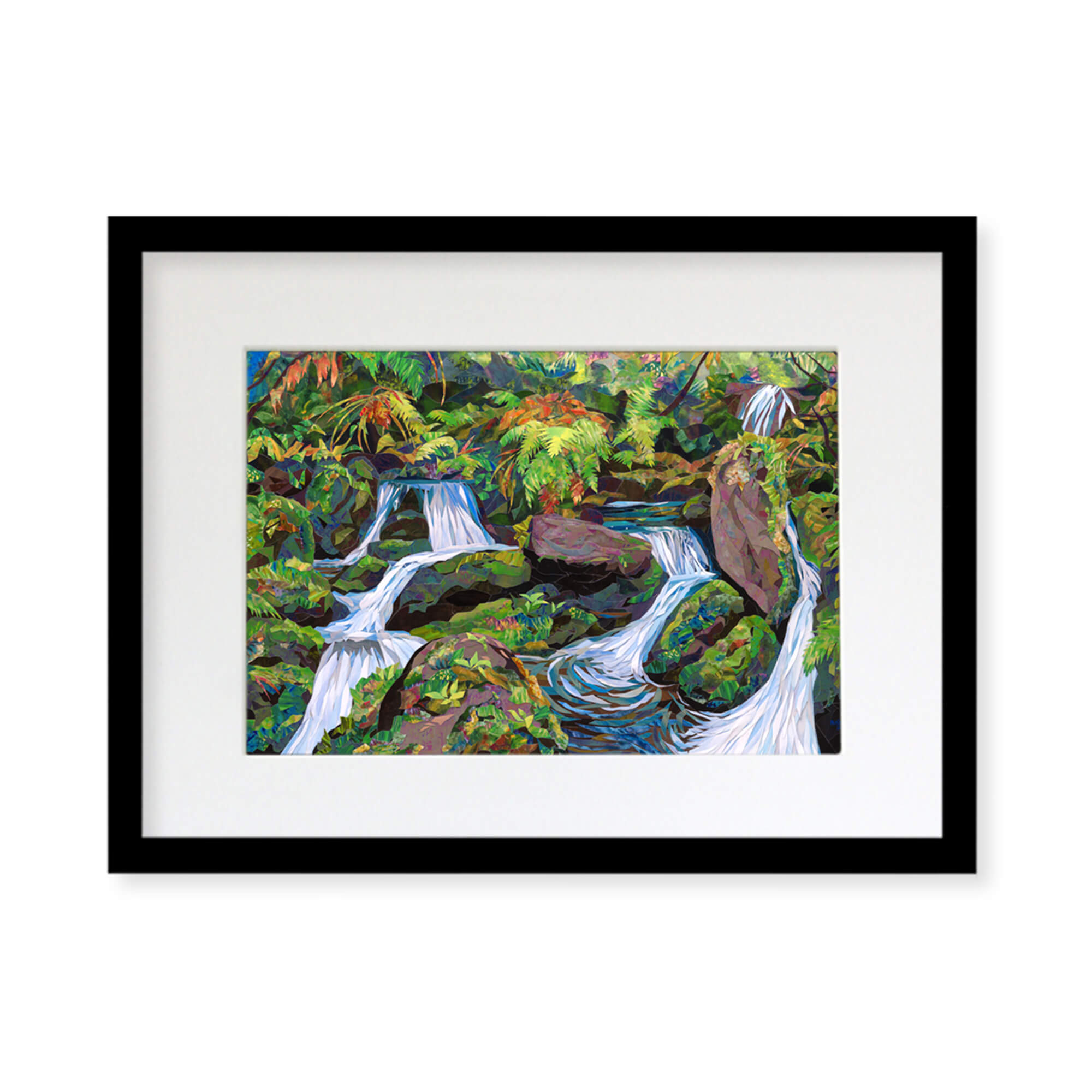 A framed matted art print featuring a collage of colorful streams of water surrounded by tropical plants by Hawaii artist Patrick Parker