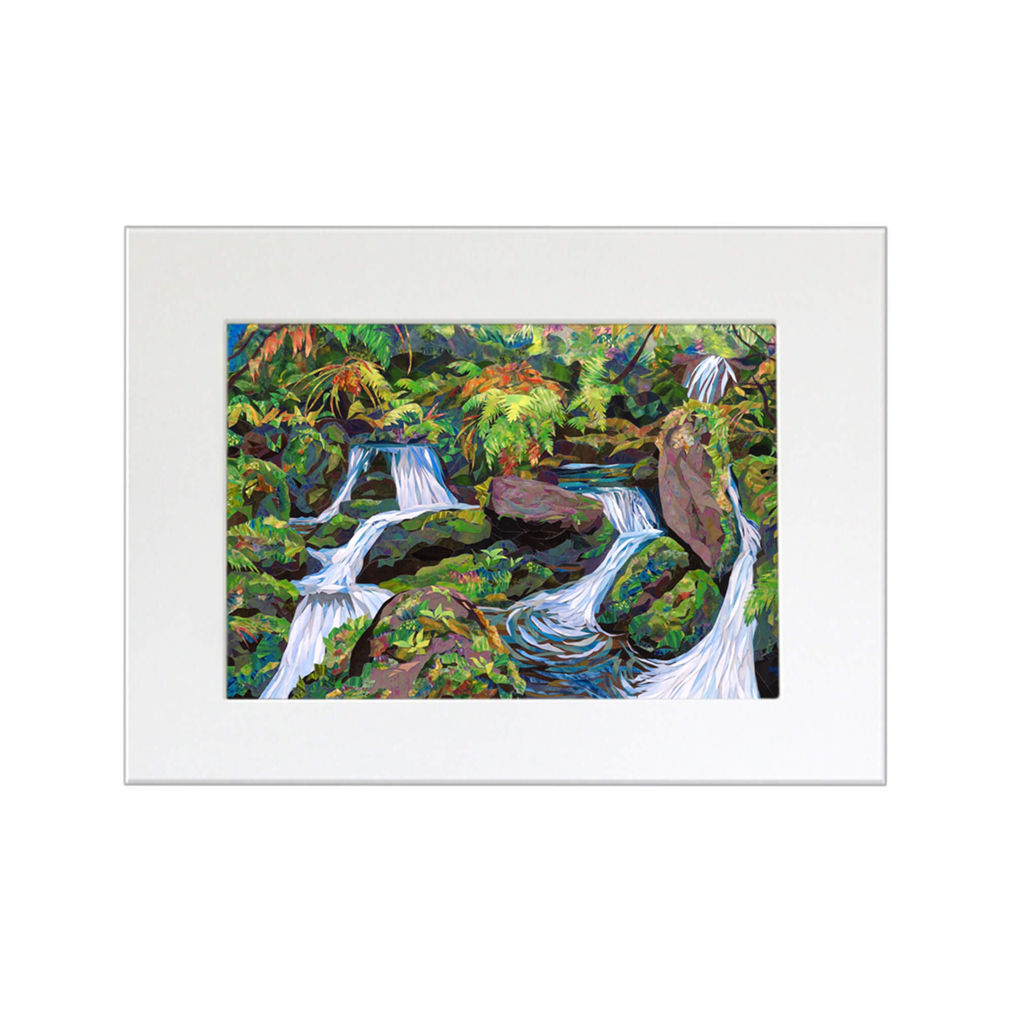 A matted art print featuring a collage of colorful streams of water surrounded by tropical plants by Hawaii artist Patrick Parker