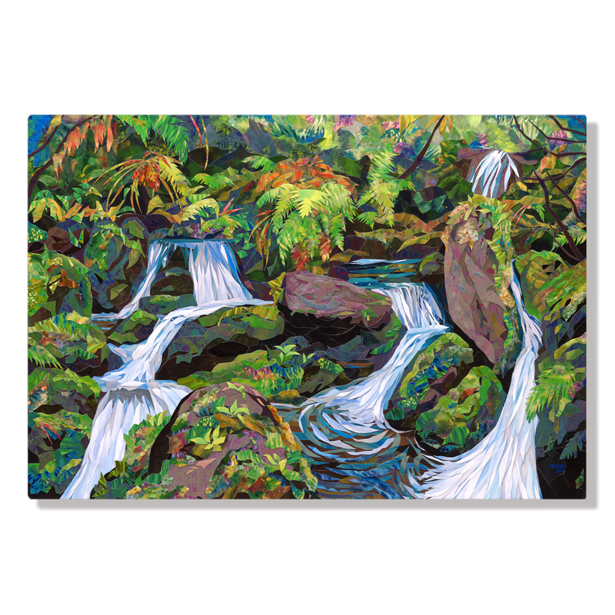 A metal art print featuring a collage of colorful streams of water surrounded by tropical plants, by Maui artist Patrick Parker