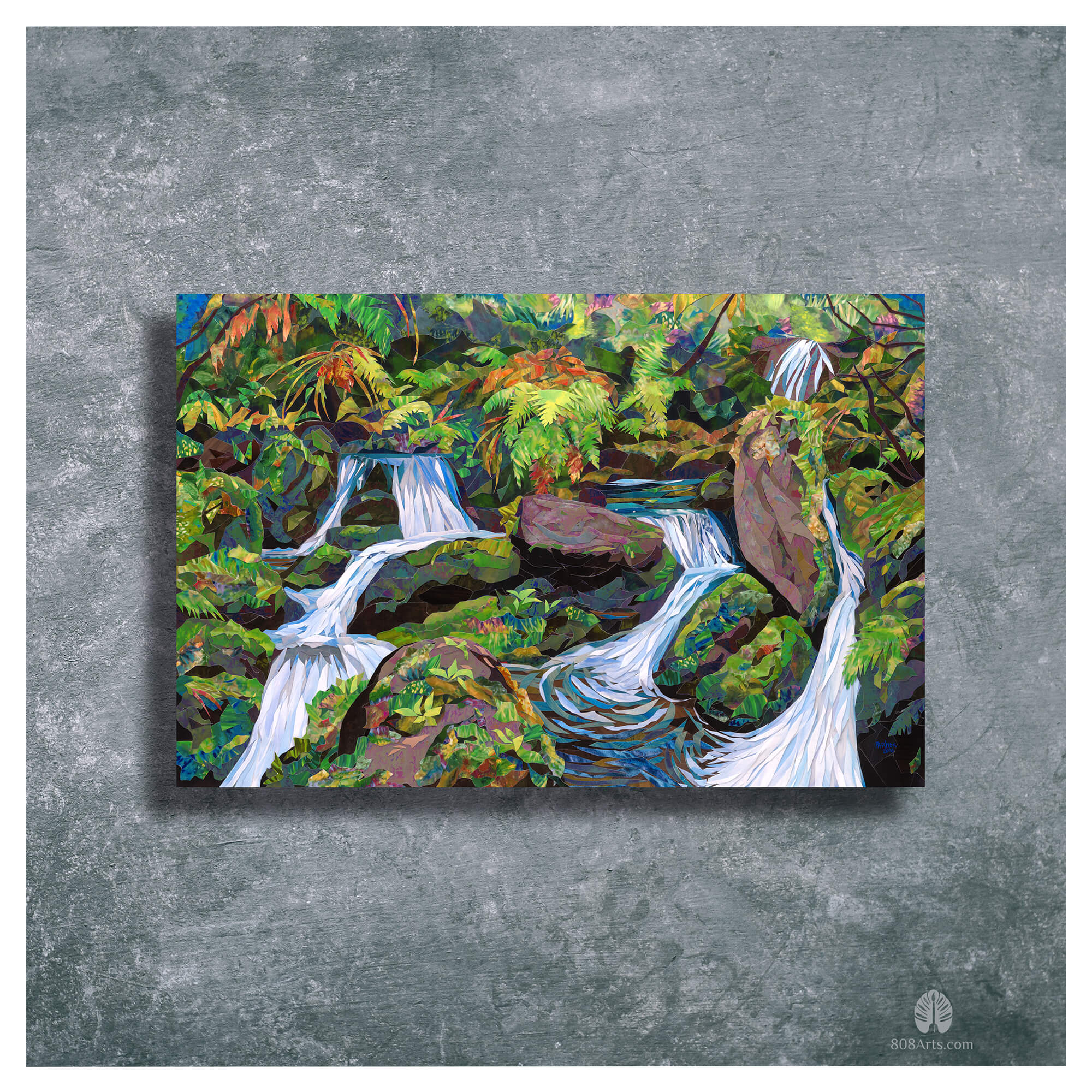A metal art print featuring a collage of colorful streams of water surrounded by tropical plants, by Maui artist Patrick Parker
