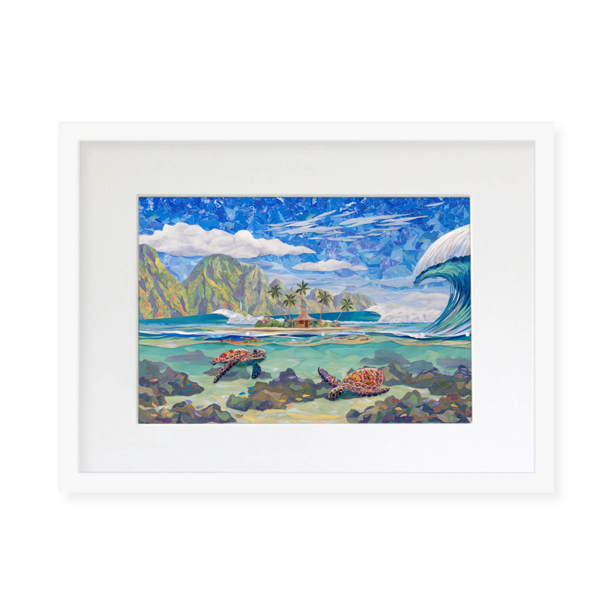 A framed matted art print featuring a collage of a tranquil seascape with two swimming sea turtles a hut on an island, a huge crashing wave, and a mountain background by Hawaii artist Patrick Parker