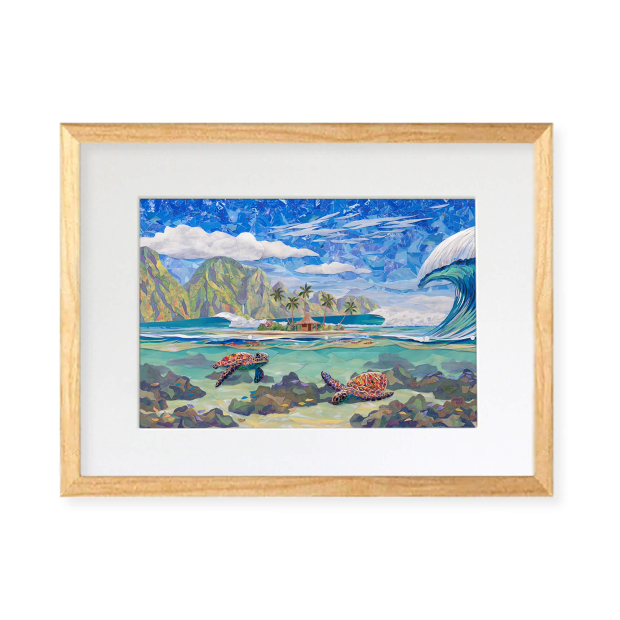 A framed matted art print featuring a collage of a tranquil seascape with two swimming sea turtles a hut on an island, a huge crashing wave, and a mountain background by Hawaii artist Patrick Parker