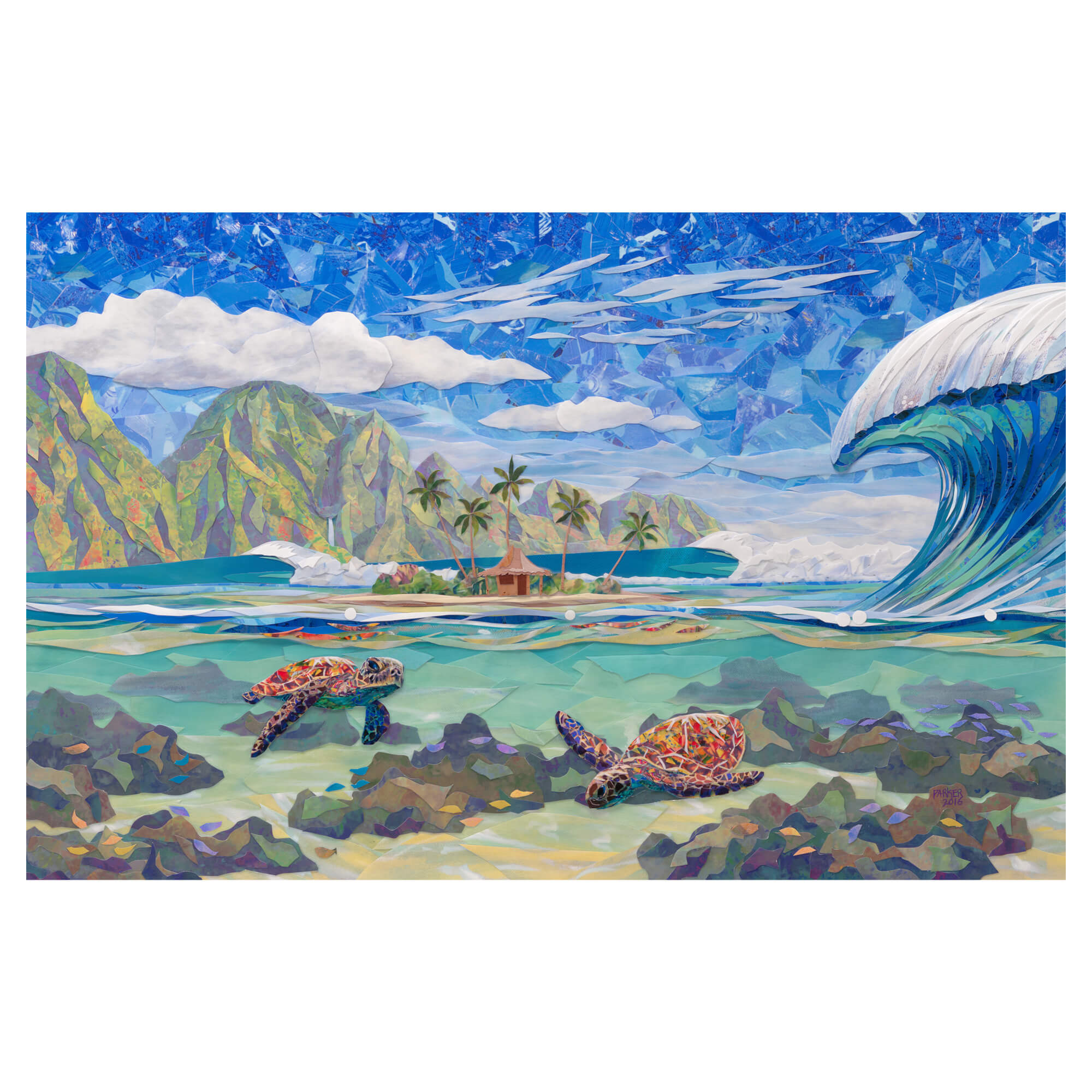 A matted art print featuring a collage of a tranquil seascape with two swimming sea turtles a hut on an island, a huge crashing wave, and a mountain background by Hawaii artist Patrick Parker