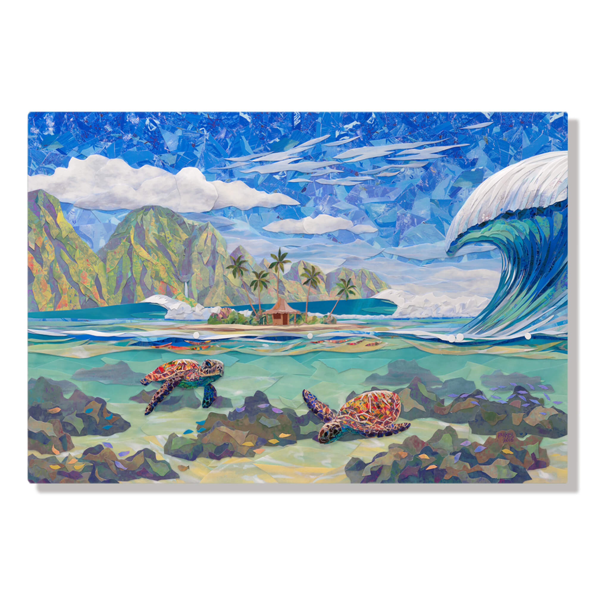 A metal art print featuring a collage of a tranquil seascape with two swimming sea turtles a hut on an island, a huge crashing wave, and a mountain background, by Maui artist Patrick Parker