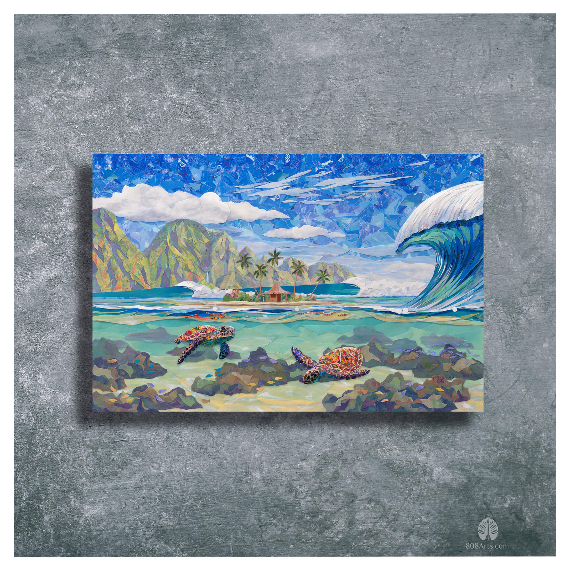 A metal art print featuring a collage of a tranquil seascape with two swimming sea turtles a hut on an island, a huge crashing wave, and a mountain background, by Maui artist Patrick Parker