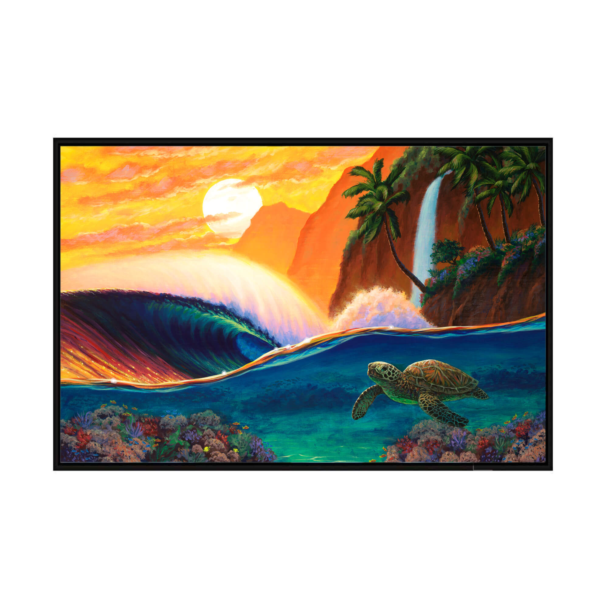 A framed canvas giclée art print featuring a sea turtle swimming and a vibrant sunset, crashing waves, and a mountain waterfall background by Hawaii artist Patrick Parker