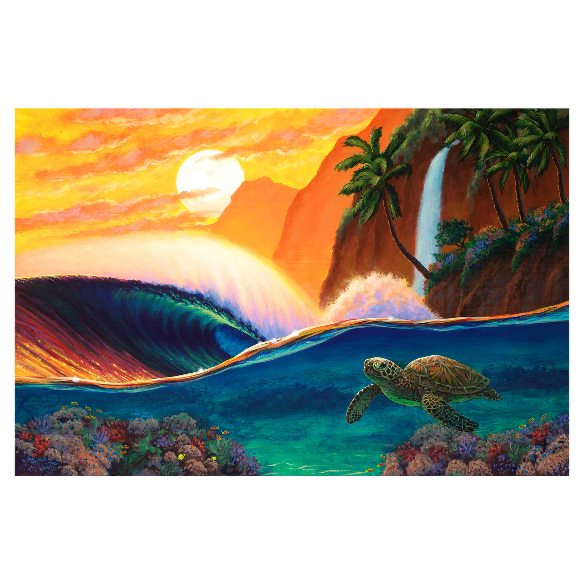 A canvas giclée art print featuring a sea turtle swimming and a vibrant sunset, crashing waves, and a mountain waterfall background by Hawaii artist Patrick Parker