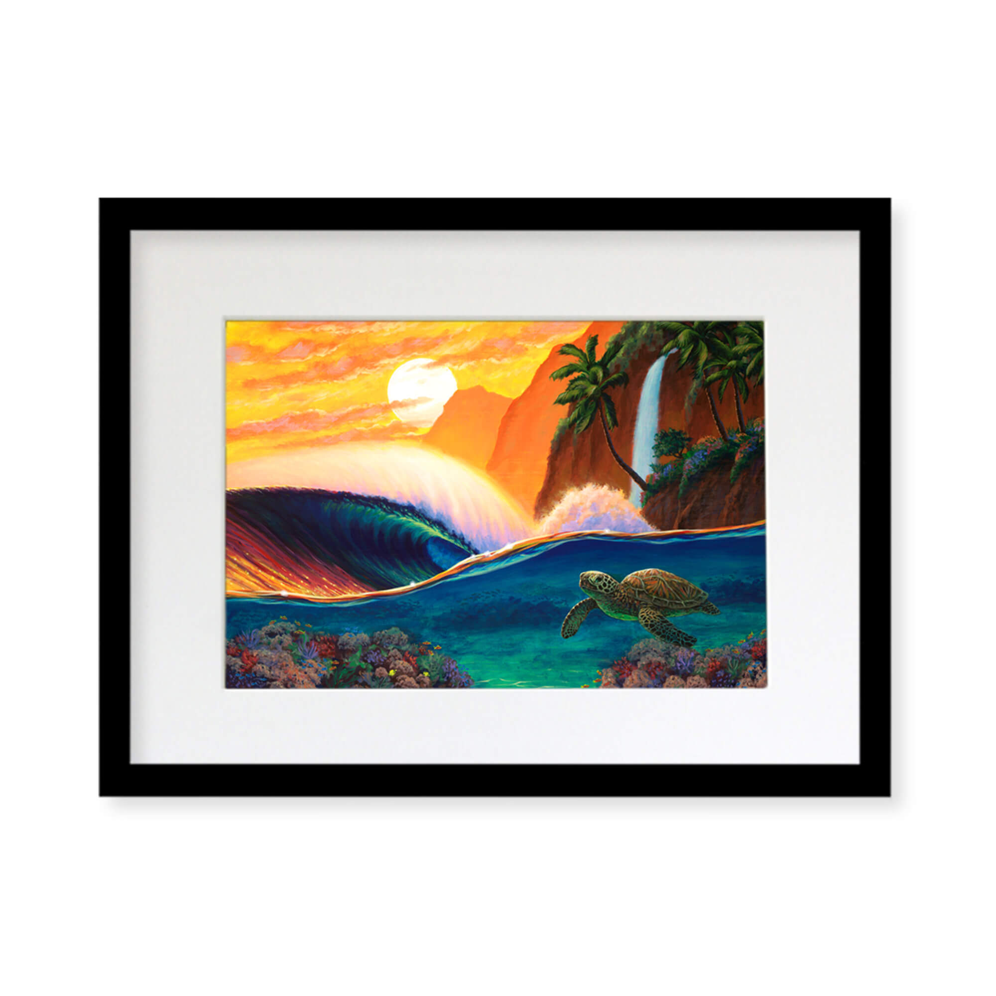 A framed matted art print featuring a sea turtle swimming and a vibrant sunset, crashing waves, and a mountain waterfall background by Hawaii artist Patrick Parker