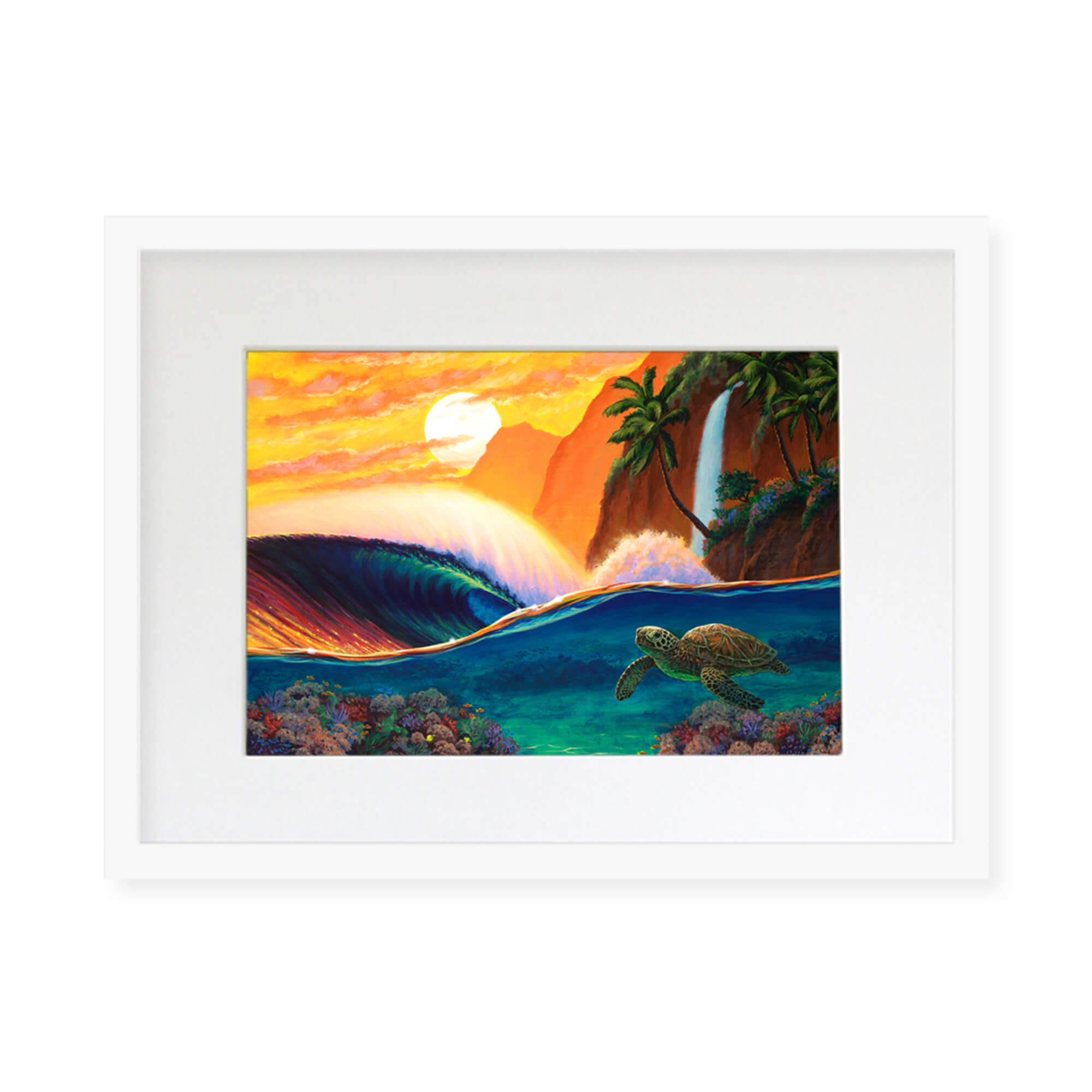 A framed matted art print featuring a sea turtle swimming and a vibrant sunset, crashing waves, and a mountain waterfall background by Hawaii artist Patrick Parker
