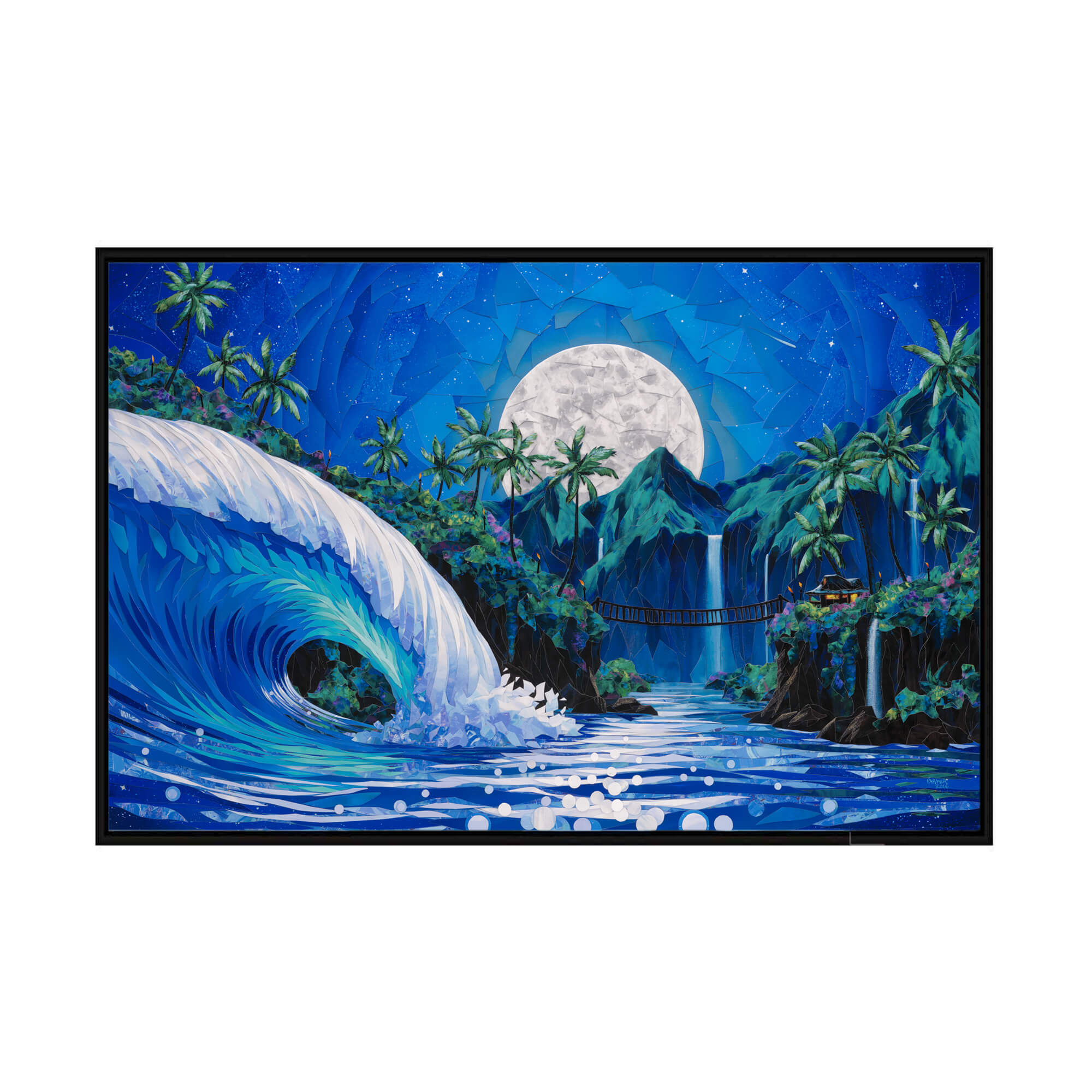 A framed canvas giclée art print featuring a collage of an evening view of a tropical landscape with a huge rolling wave, several waterfalls, and a full moon background by Hawaii artist Patrick Parker