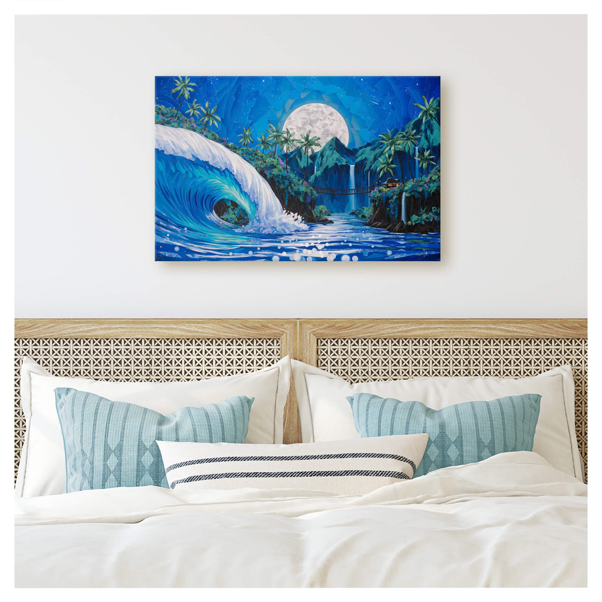 A canvas giclée art print featuring a collage of an evening view of a tropical landscape with a huge rolling wave, several waterfalls, and a full moon background by Hawaii artist Patrick Parker