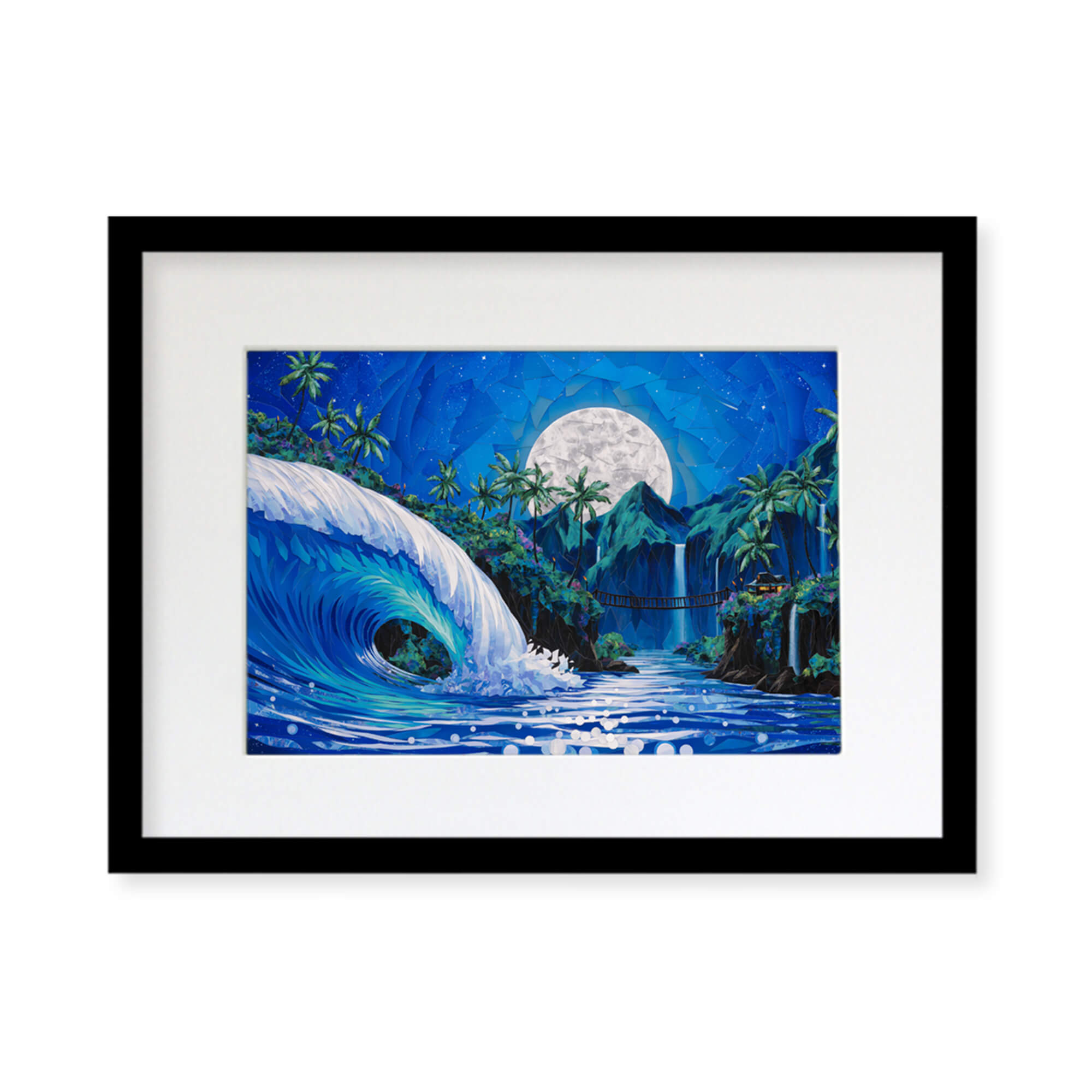 A framed matted art print featuring a collage of an evening view of a tropical landscape with a huge rolling wave, several waterfalls, and a full moon background by Hawaii artist Patrick Parker