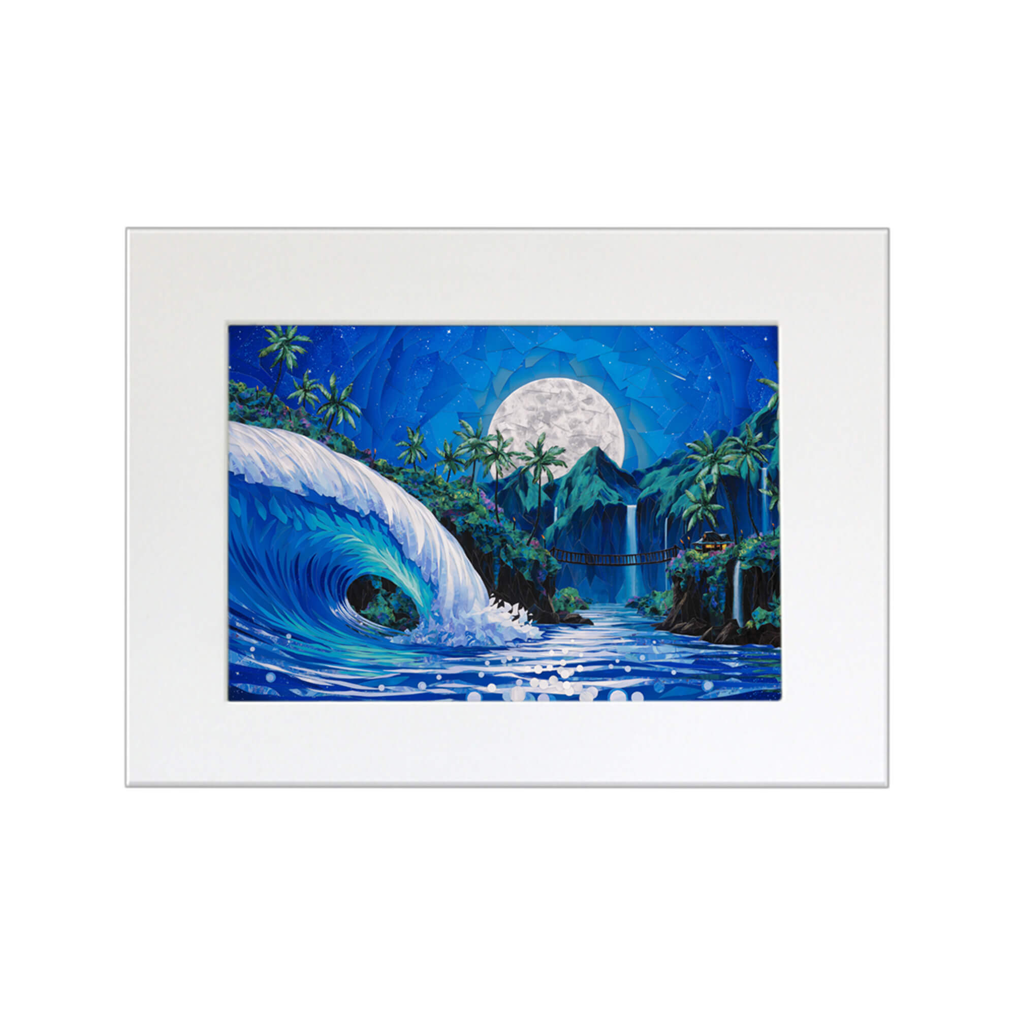 A matted art print featuring a collage of an evening view of a tropical landscape with a huge rolling wave, several waterfalls, and a full moon background by Hawaii artist Patrick Parker