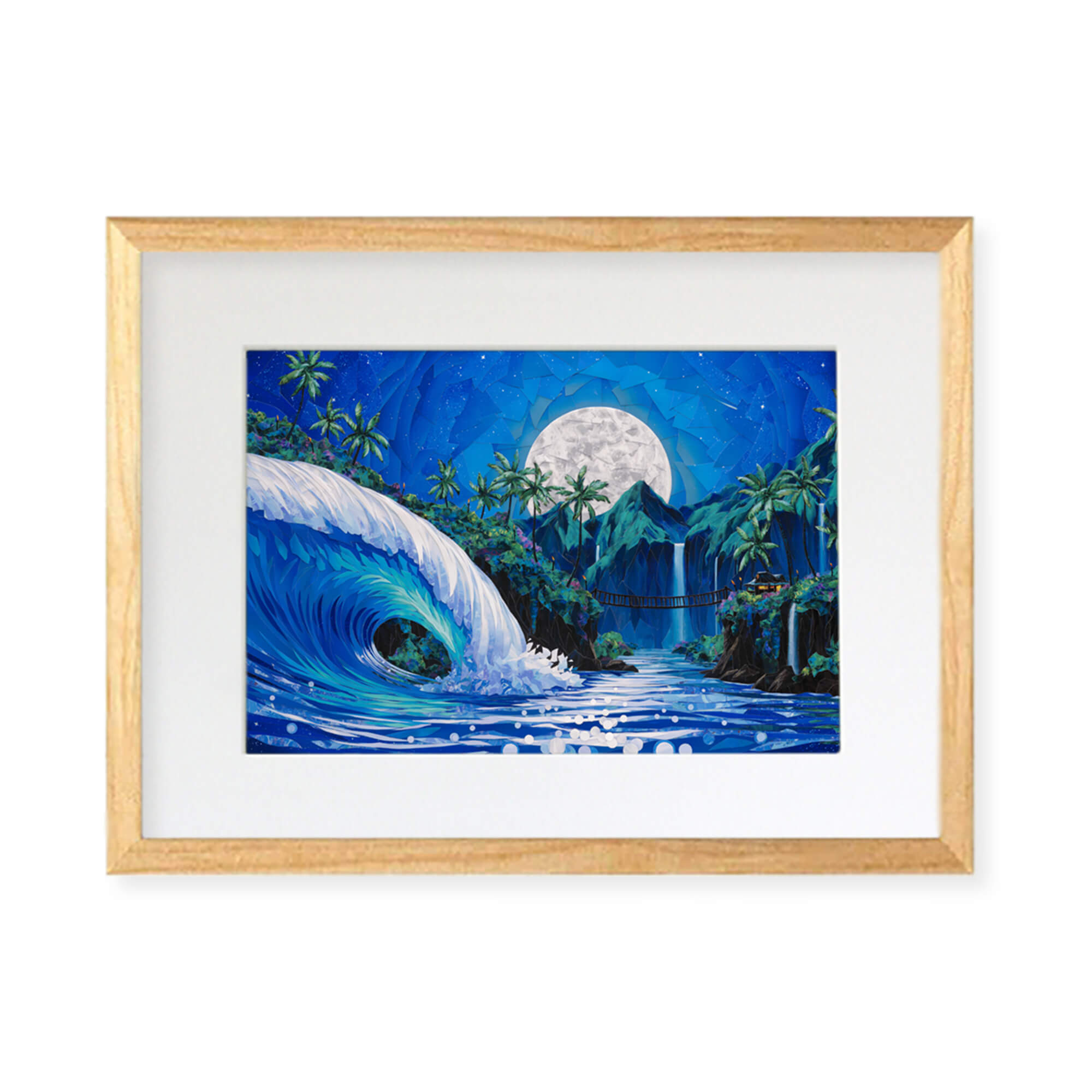 A framed matted art print featuring a collage of an evening view of a tropical landscape with a huge rolling wave, several waterfalls, and a full moon background by Hawaii artist Patrick Parker