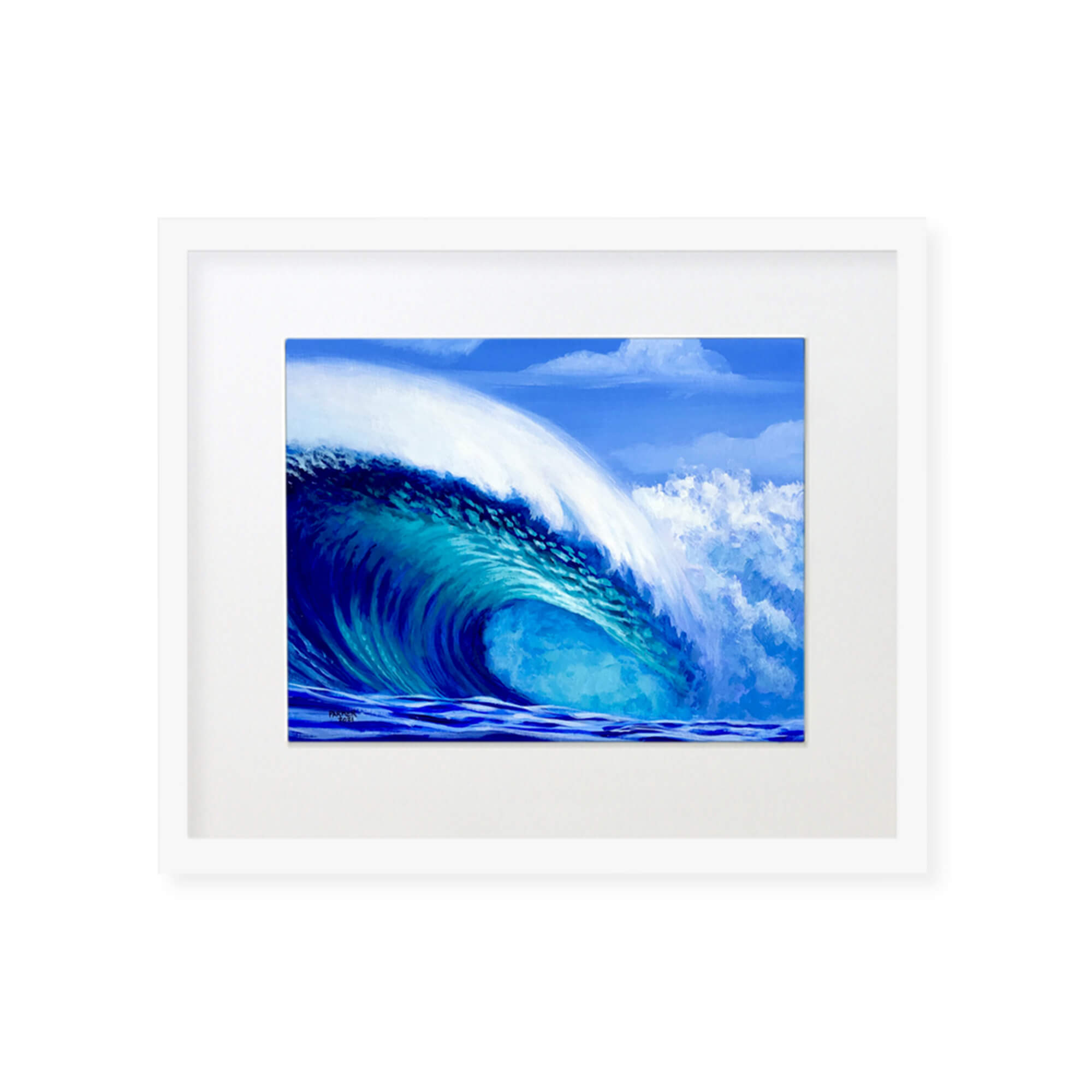 A framed original artwork features a large crashing blue wave by Maui artist Patrick Parker