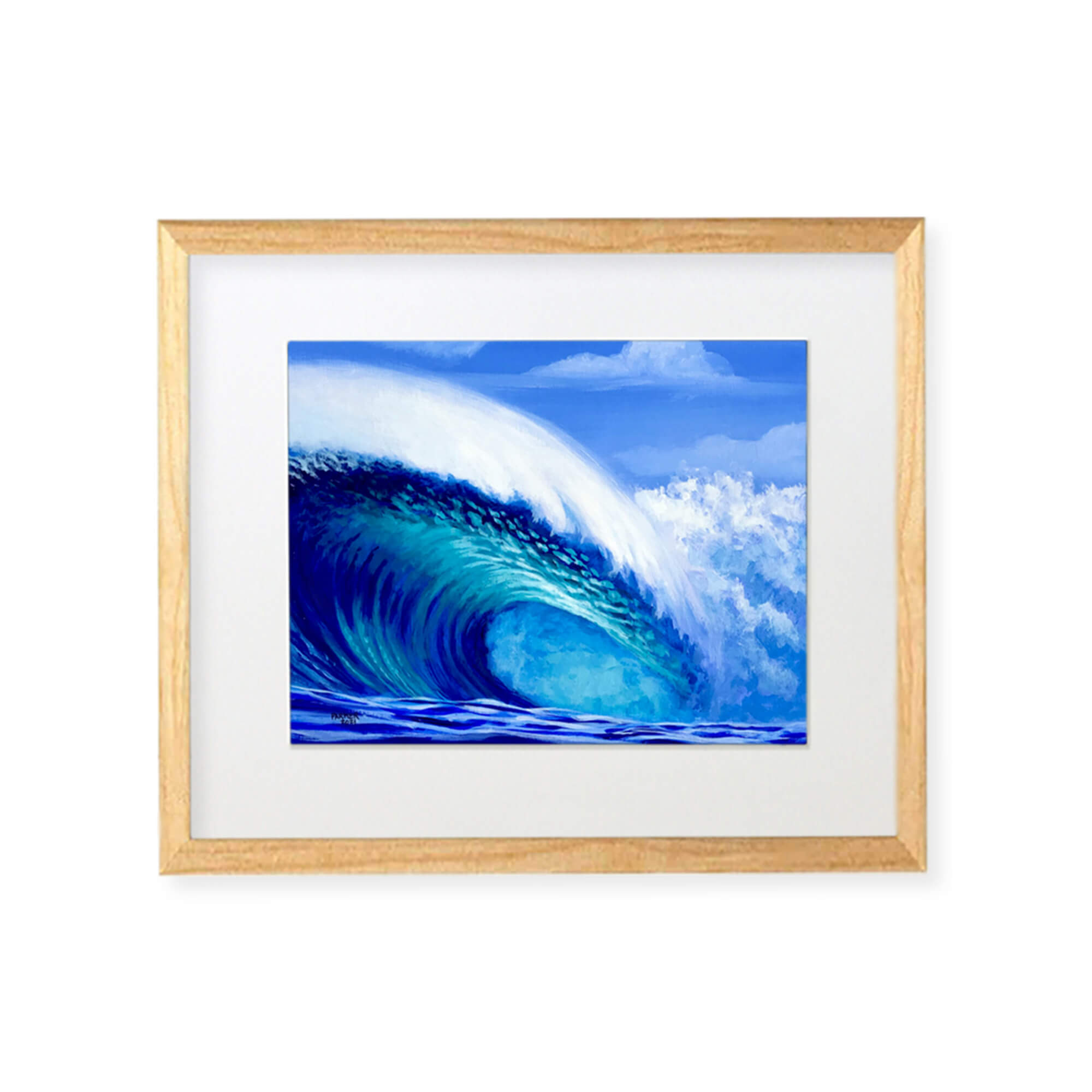 A framed original artwork features a large crashing blue wave by Maui artist Patrick Parker