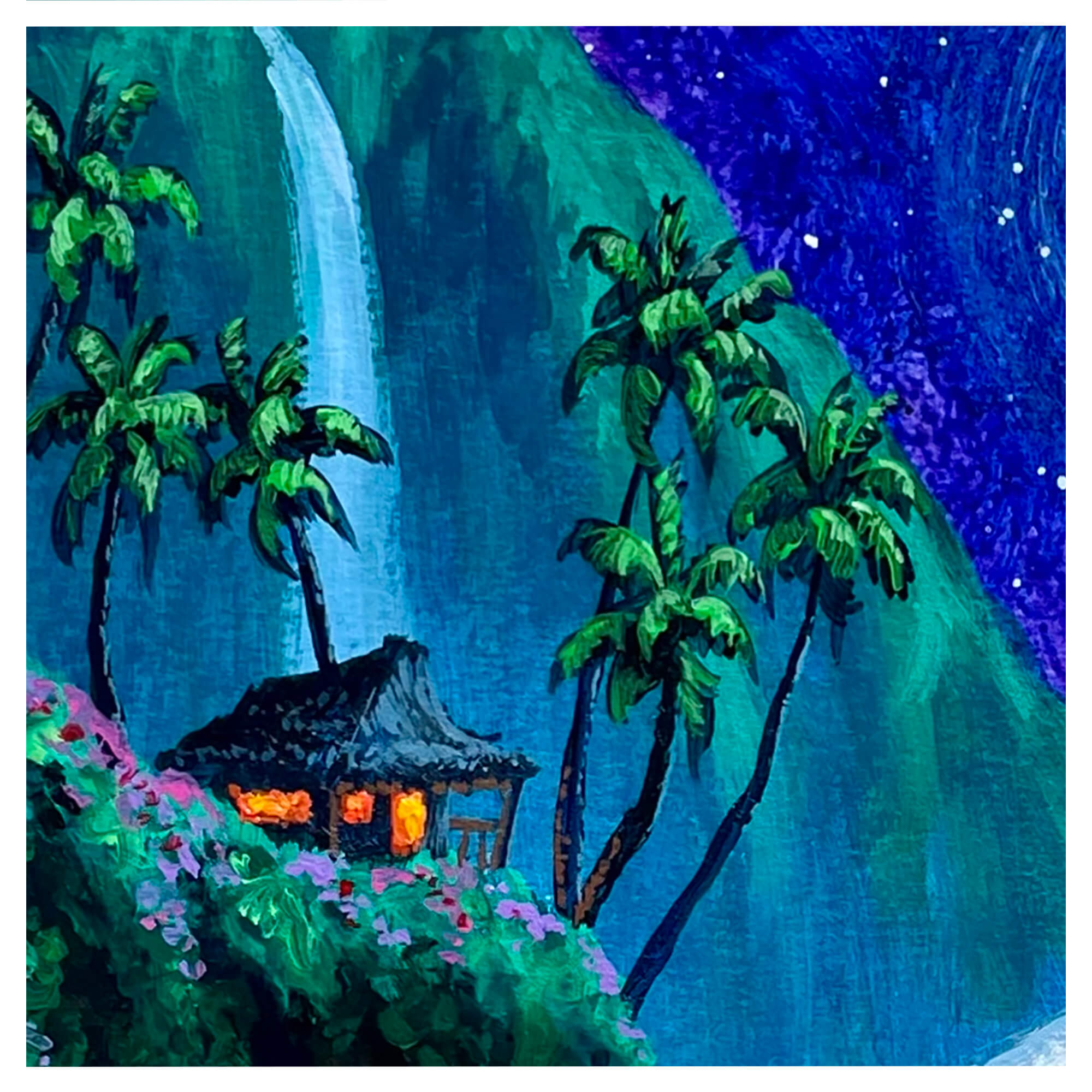 A night view of a tropical paradise with a hut on a distant island and a waterfall background by Hawaii artist Patrick Parker