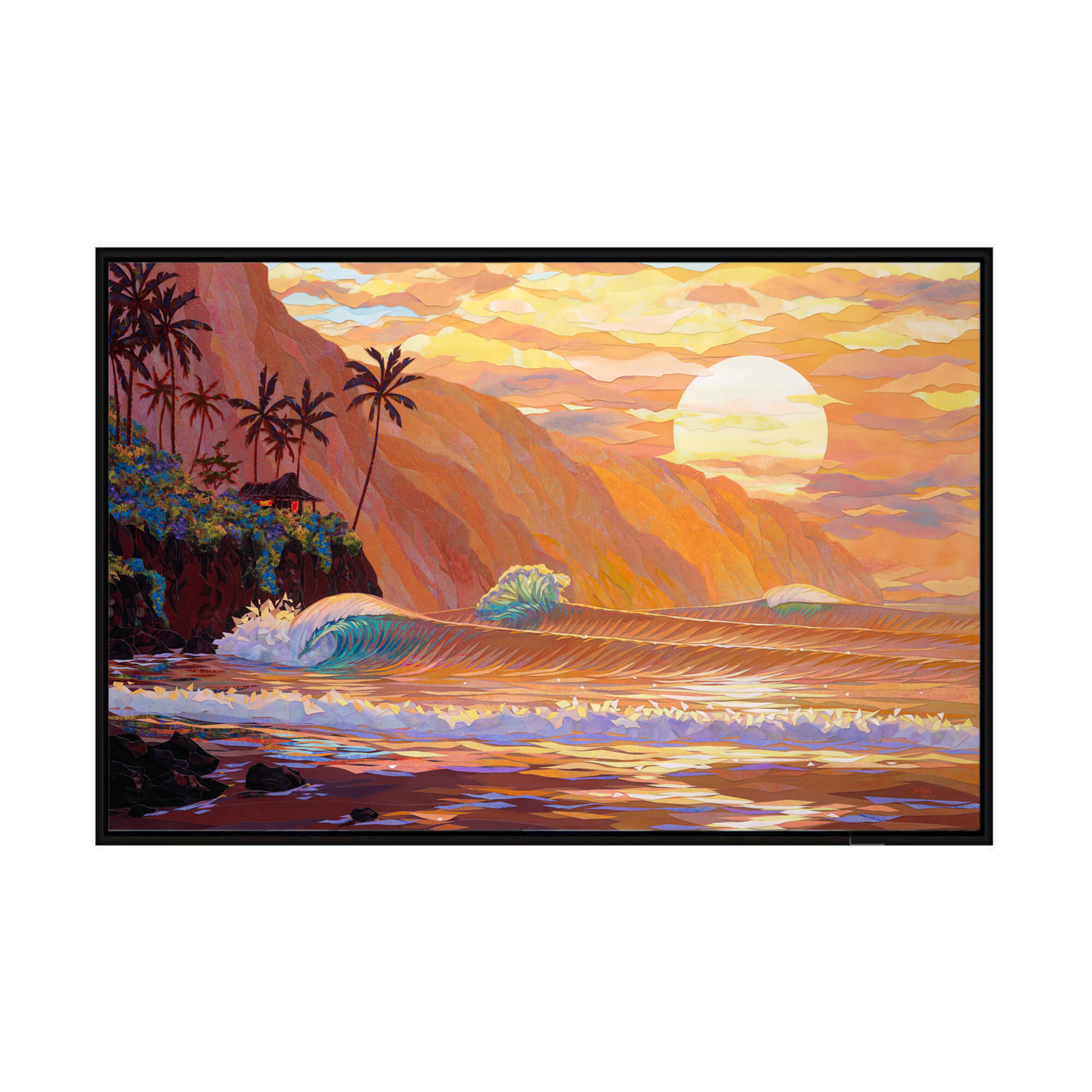 A framed canvas giclée art print featuring a collage of a sunset view of the ocean as seen from a tropical beach in Hawaii by Hawaii artist Patrick Parker