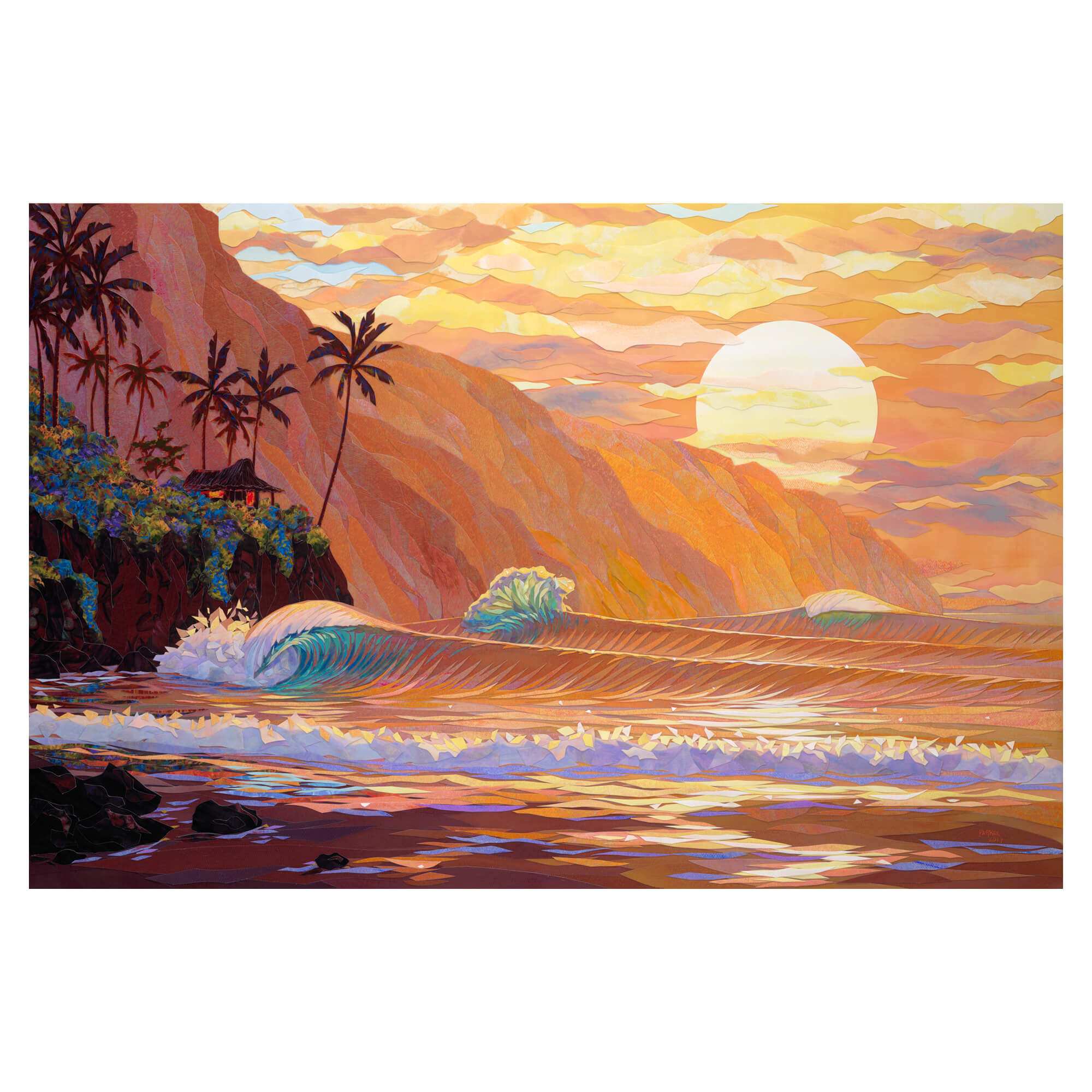 A canvas giclée art print featuring a collage of a sunset view of the ocean as seen from a tropical beach in Hawaii by Hawaii artist Patrick Parker