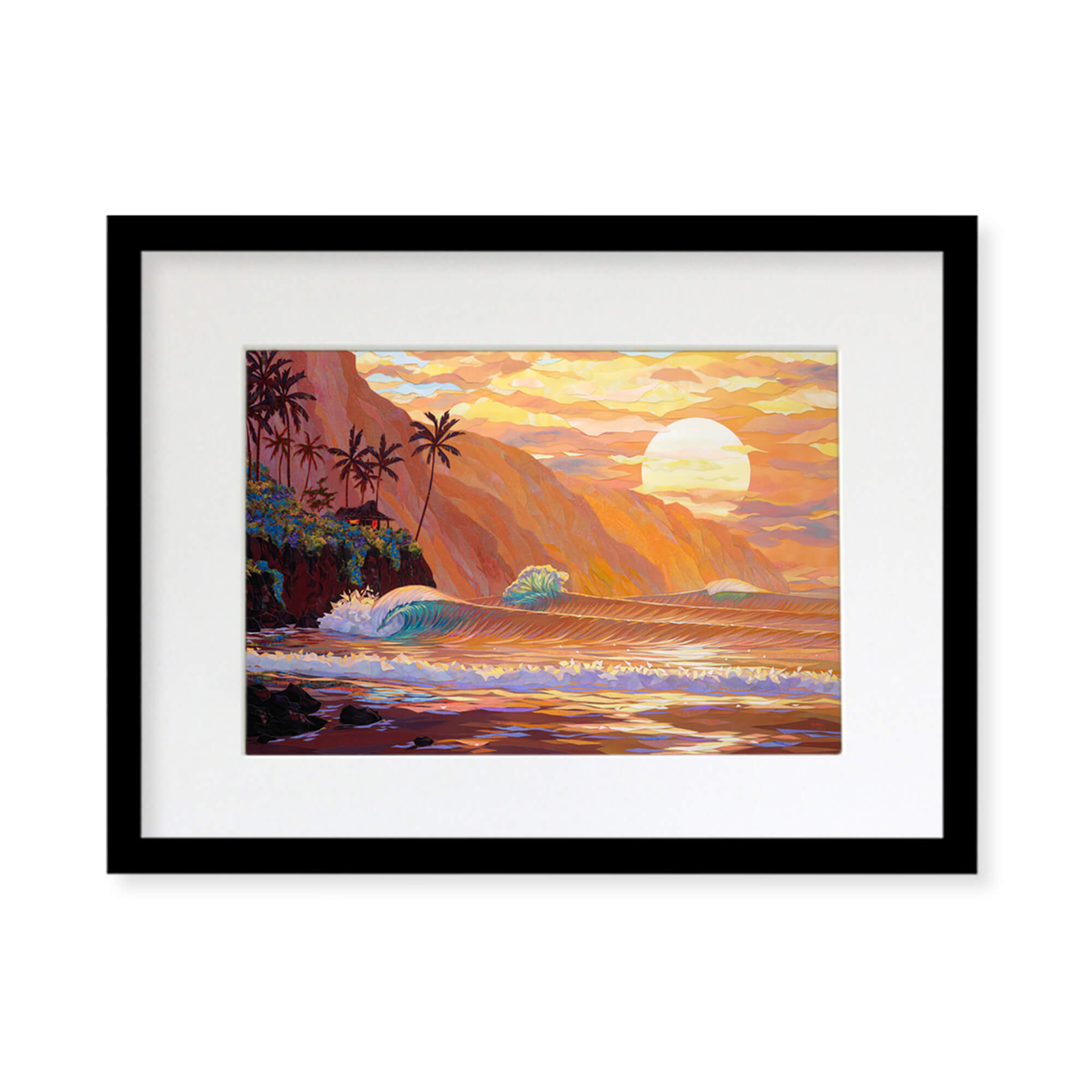 A framed matted art print featuring a collage of a sunset view of the ocean as seen from a tropical beach in Hawaii by Hawaii artist Patrick Parker