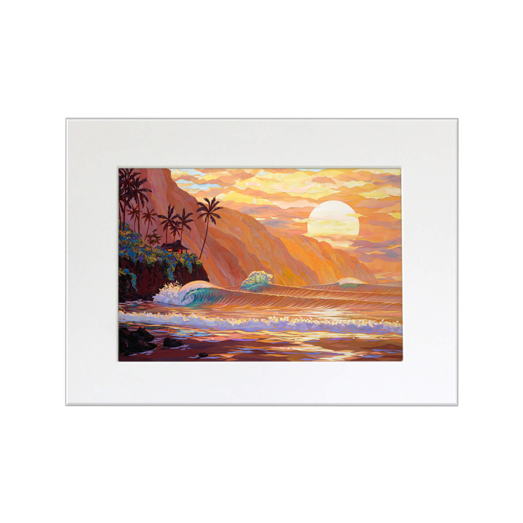 A matted art print featuring a collage of a sunset view of the ocean as seen from a tropical beach in Hawaii by Hawaii artist Patrick Parker