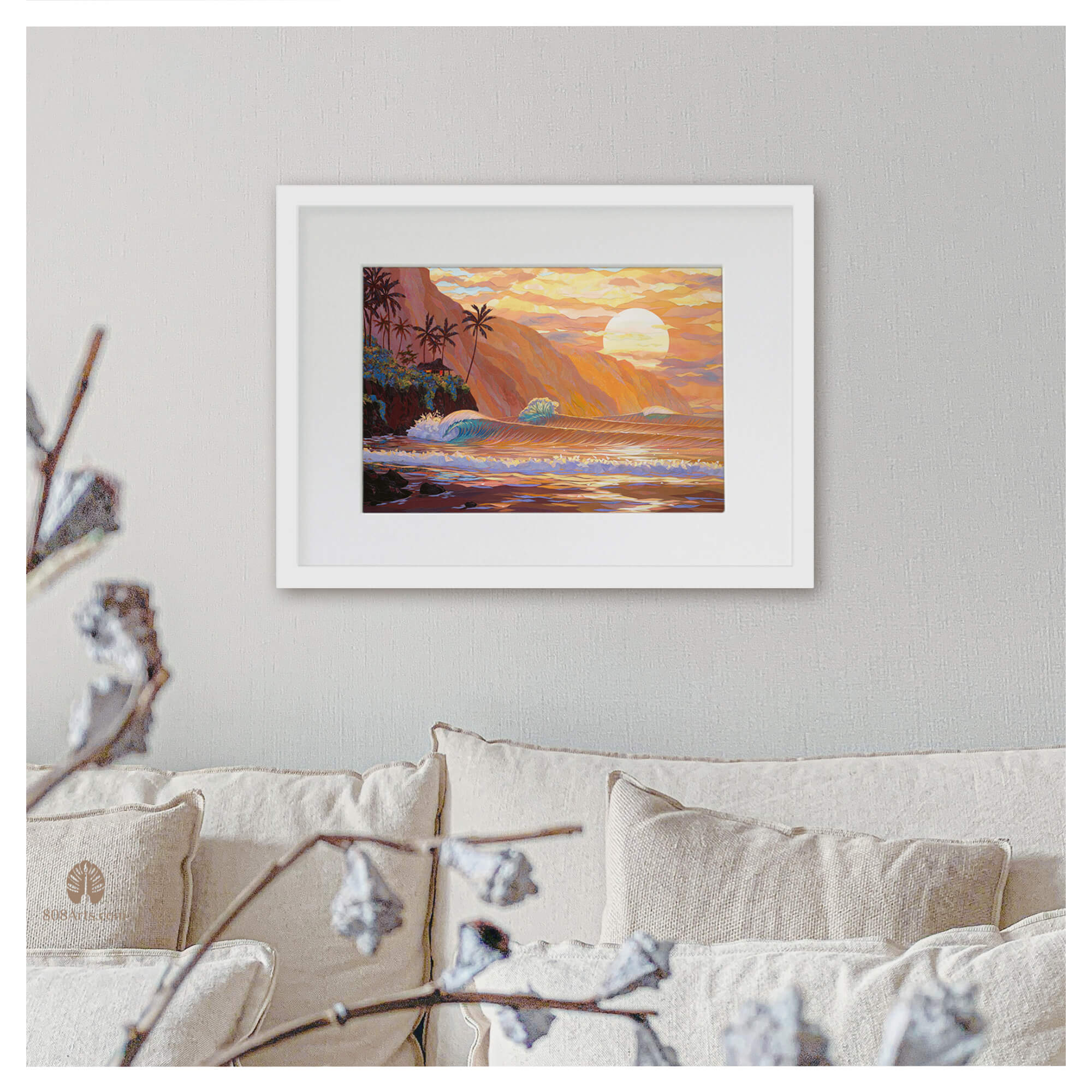 A framed matted art print featuring a collage of a sunset view of the ocean as seen from a tropical beach in Hawaii by Hawaii artist Patrick Parker