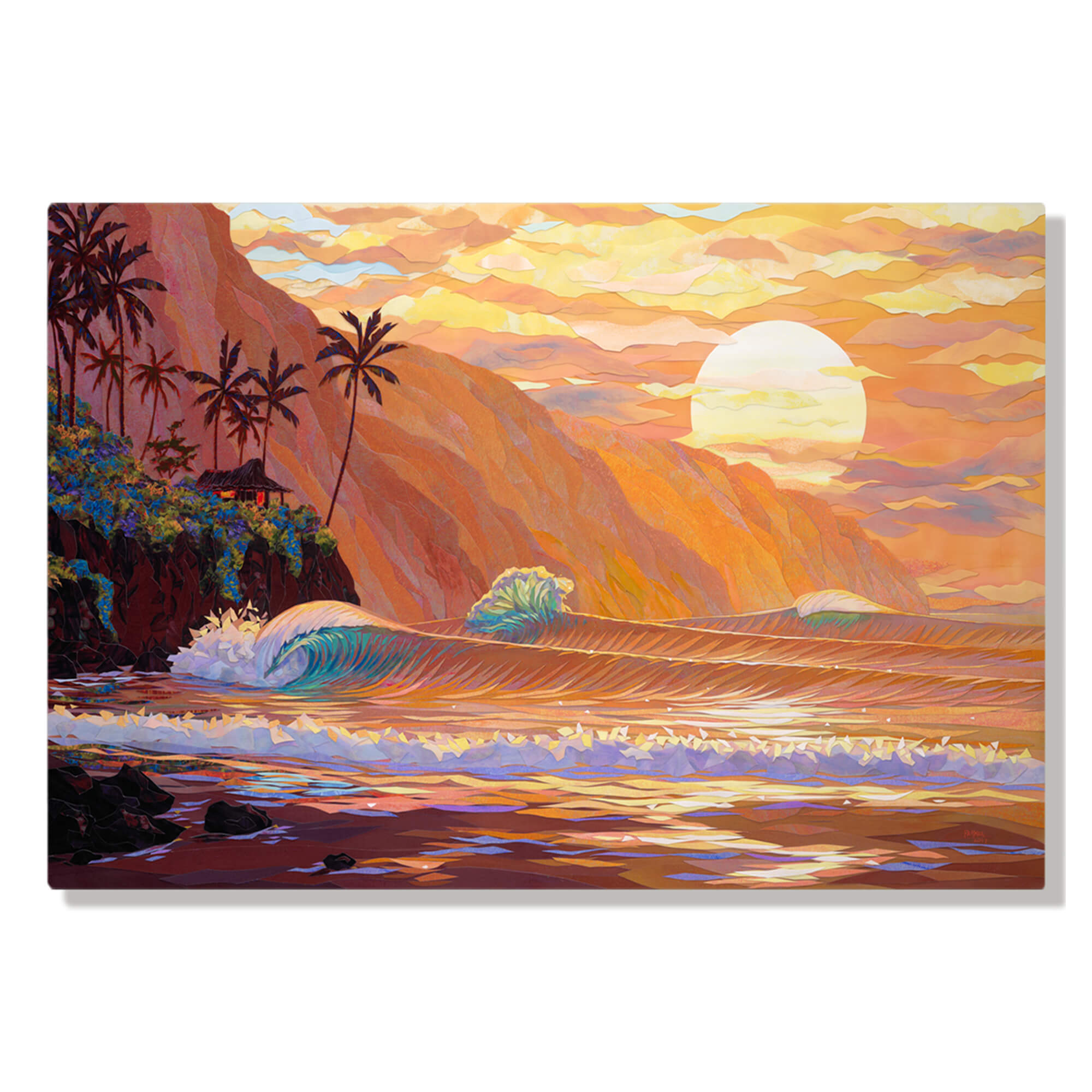 A metal art print featuring a collage of a sunset view of the ocean as seen from a tropical beach in Hawaii, and a mountain background, by Maui artist Patrick Parker