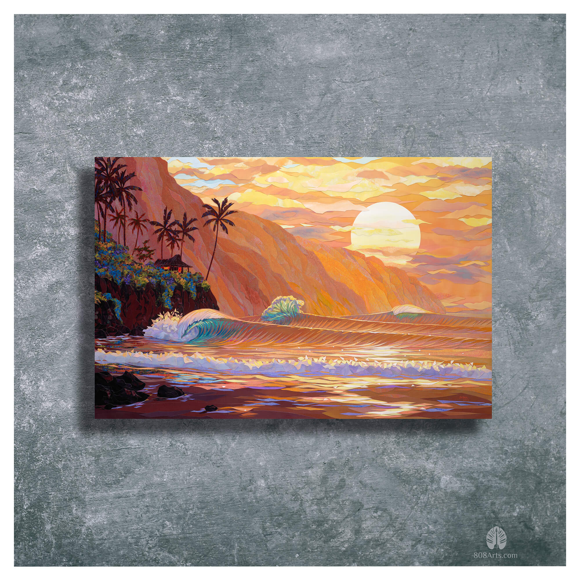 A metal art print featuring a collage of a sunset view of the ocean as seen from a tropical beach in Hawaii, and a mountain background, by Maui artist Patrick Parker