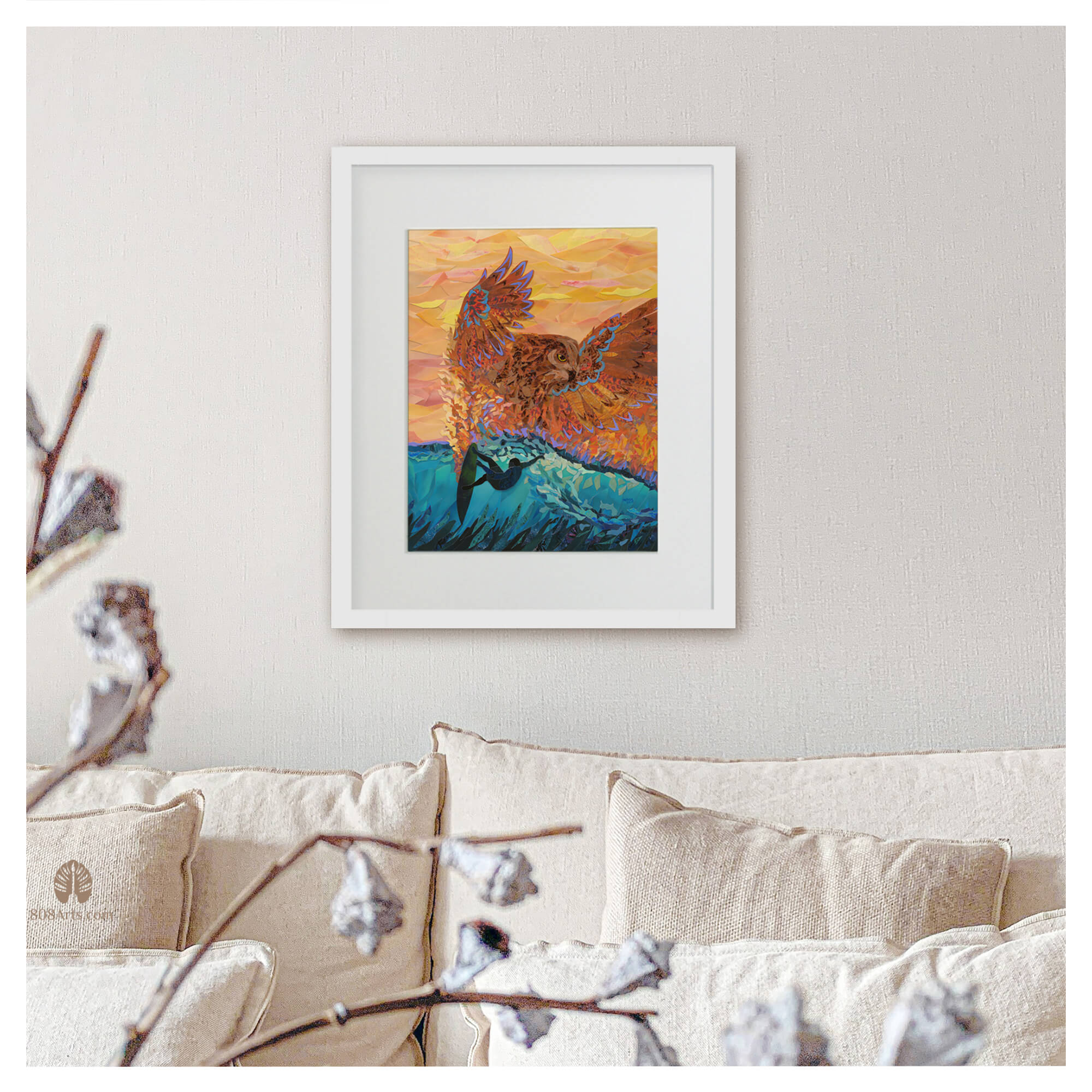 A framed matted art print featuring a collage of a surfer riding the epic wave of Hawaii and a vibrant orange-hued owl by Hawaii artist Patrick Parker