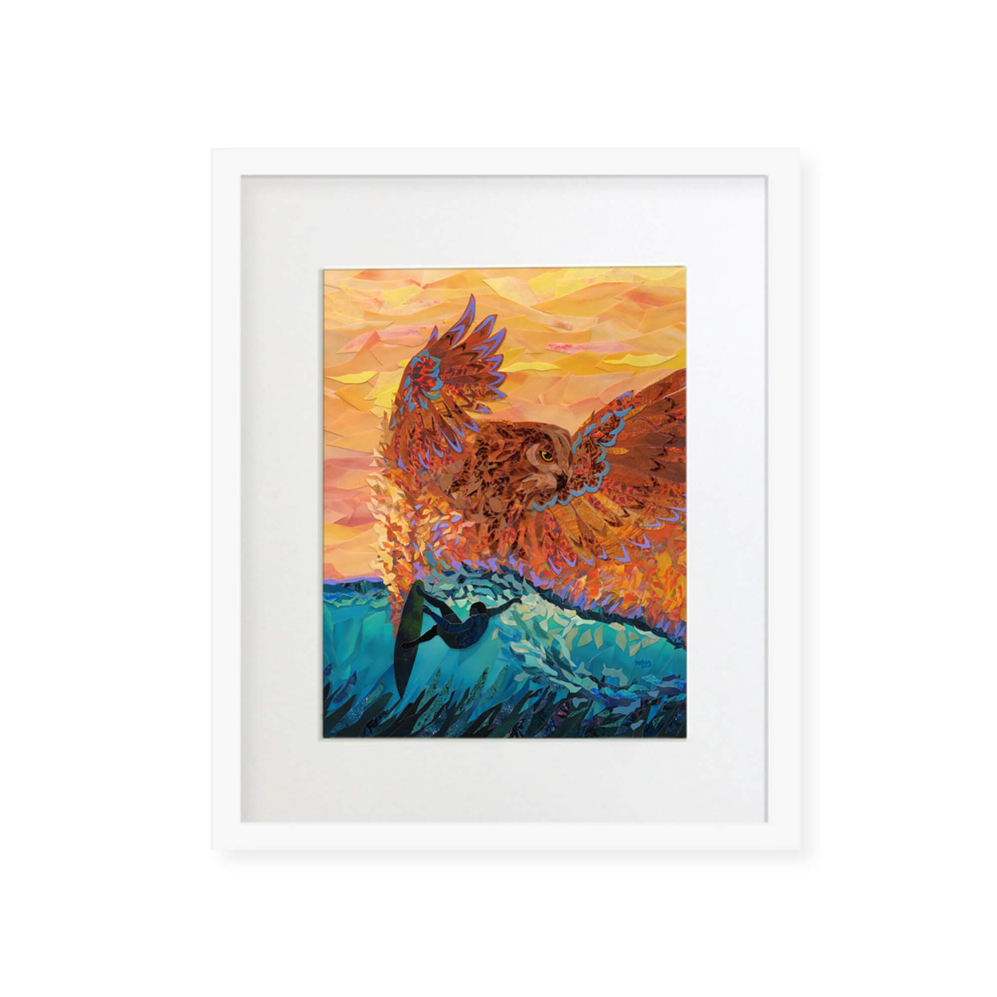 A framed matted art print featuring a collage of a surfer riding the epic wave of Hawaii and a vibrant orange-hued owl by Hawaii artist Patrick Parker