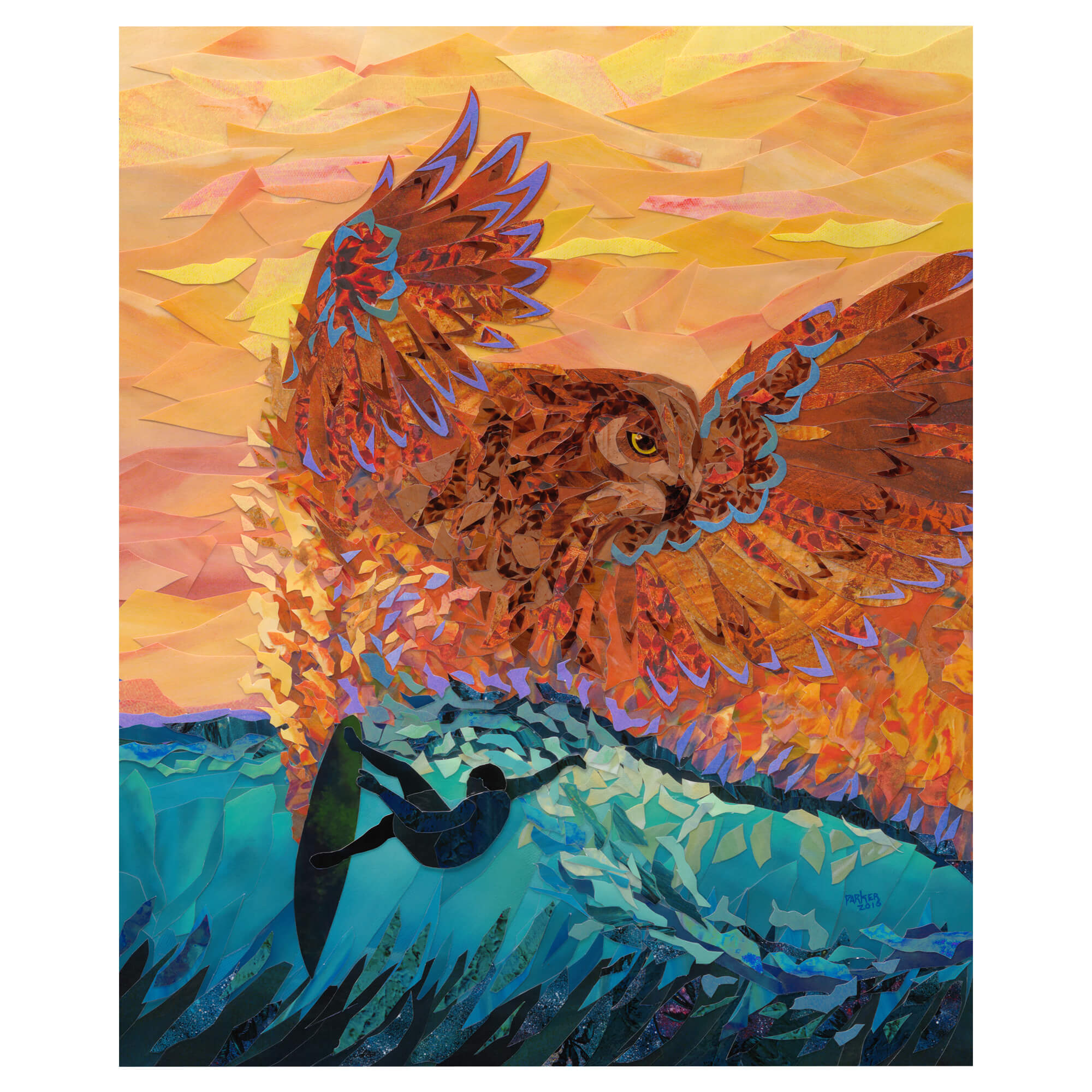 A matted art print featuring a collage of a surfer riding the epic wave of Hawaii and a vibrant orange-hued owl by Hawaii artist Patrick Parker