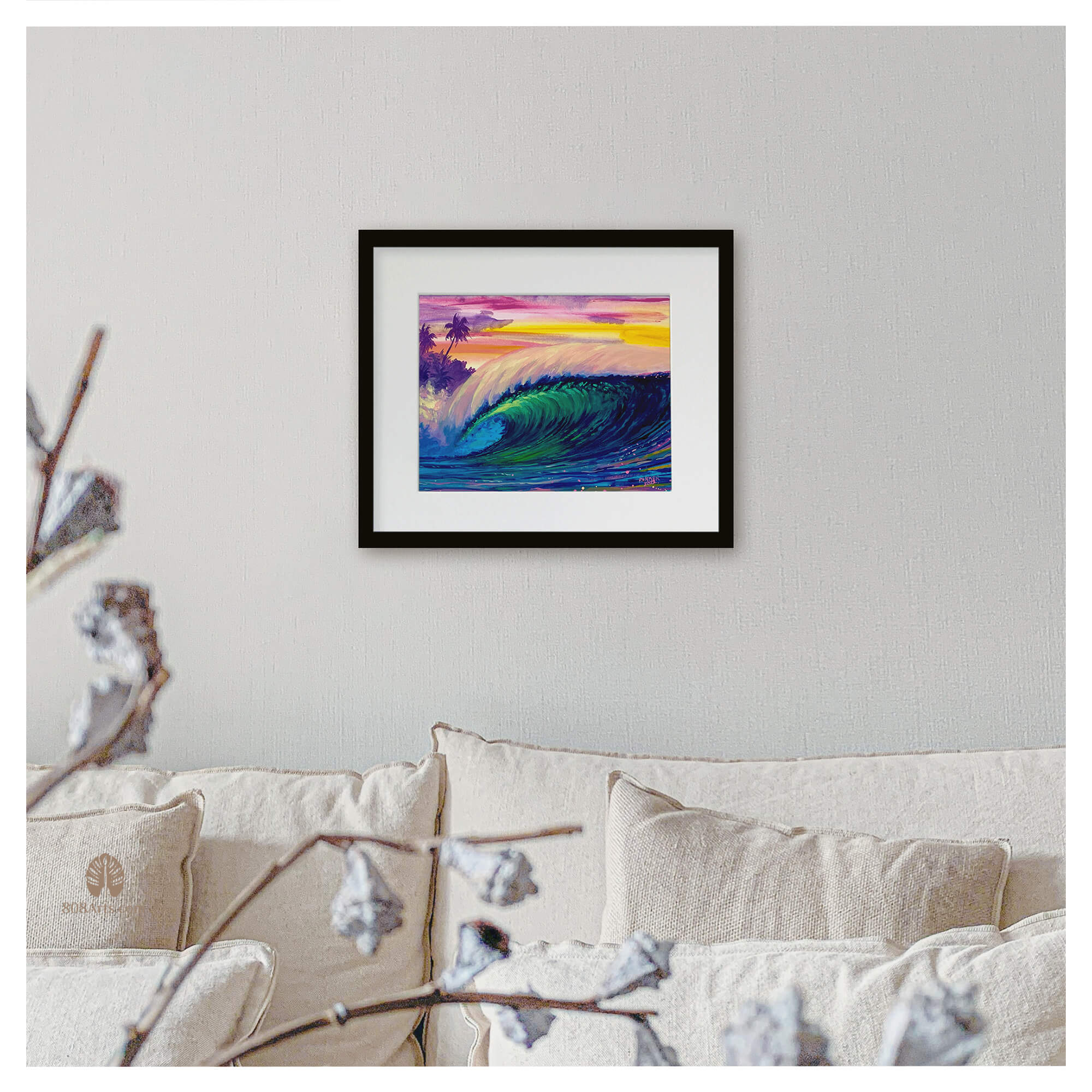 An original painting featuring a large multi-hued crashing wave and vibrant colorful sky by Maui artist Patrick Parker