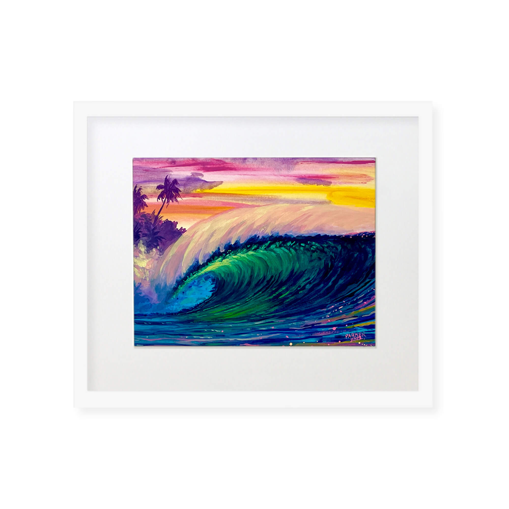 A framed original painting featuring a large multi-hued crashing wave and vibrant colorful sky by Maui artist Patrick Parker