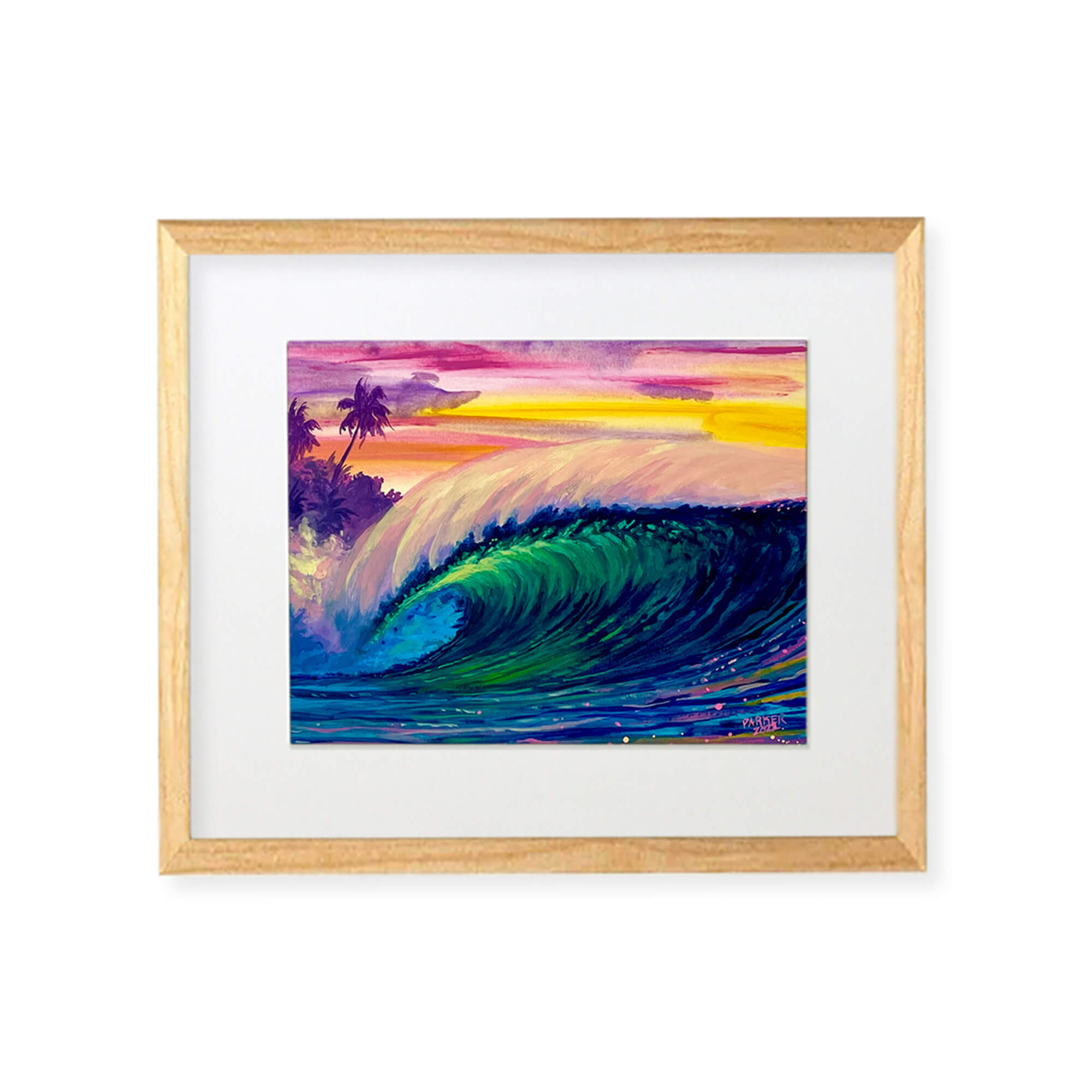 A framed original painting featuring a large multi-hued crashing wave and vibrant colorful sky by Maui artist Patrick Parker