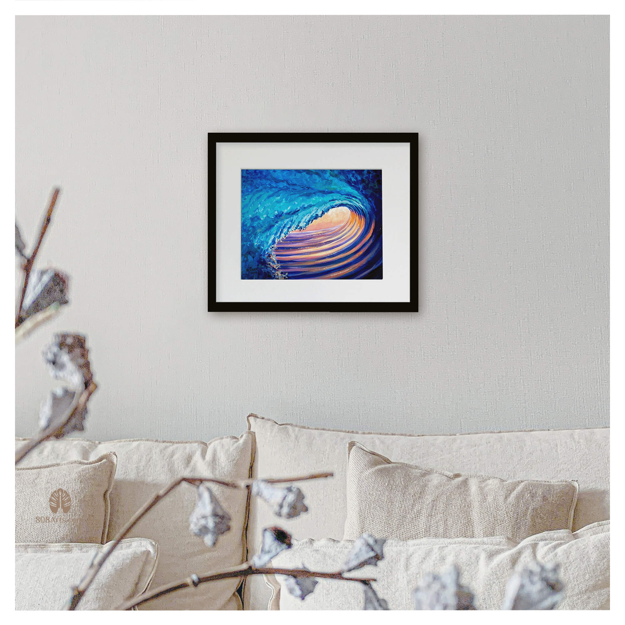 A wall artwork of an original painting in mat featuring a large crashing blue barrel wave with purple and orange hue by Maui artist Patrick Parker