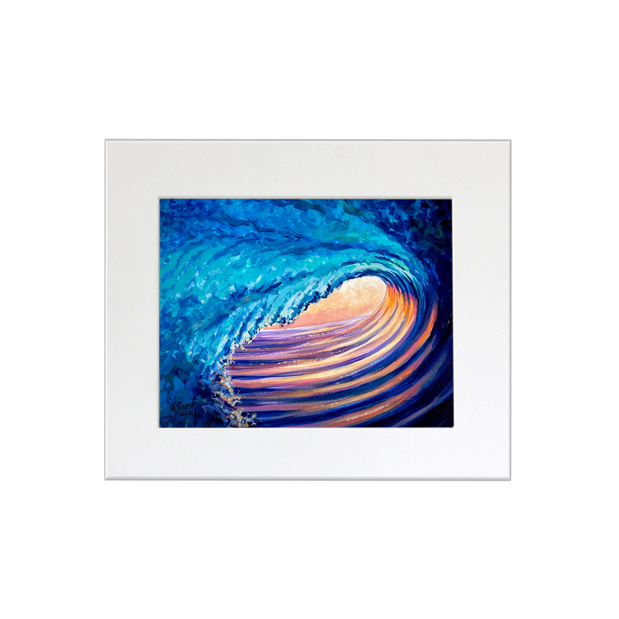 Original painting in mat featuring a large crashing blue barrel wave with purple and orange hue by Maui artist Patrick Parker