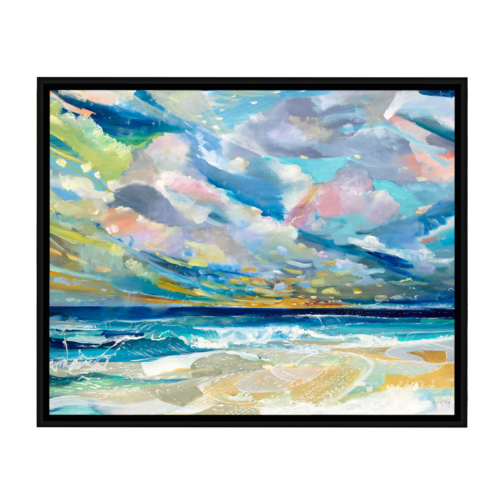 A framed canvas giclée art print featuring a colorful abstract ocean view by famed Hawaii artist Saumolia Puapuaga