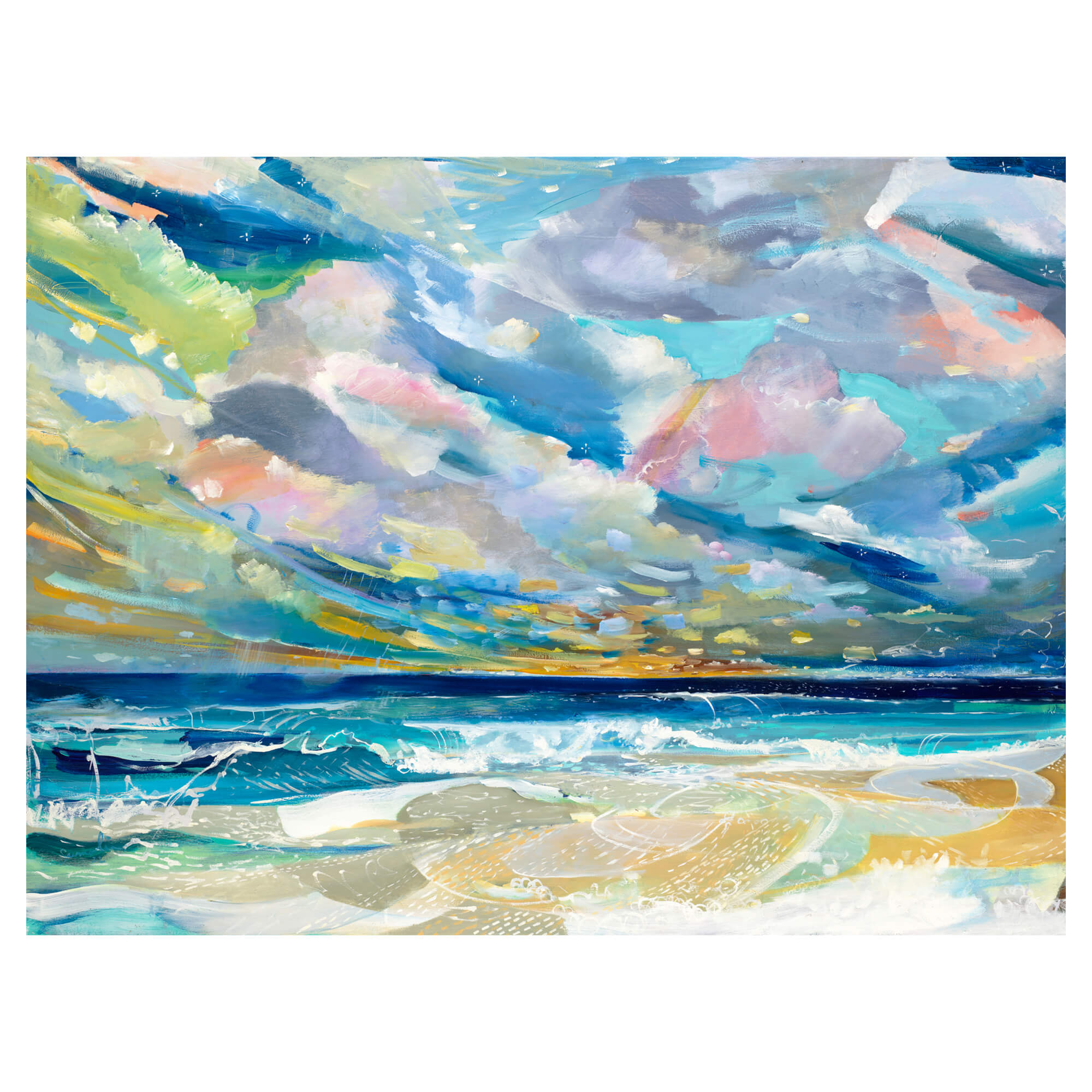 A canvas giclée art print featuring a colorful abstract ocean view by famed Hawaii artist Saumolia Puapuaga