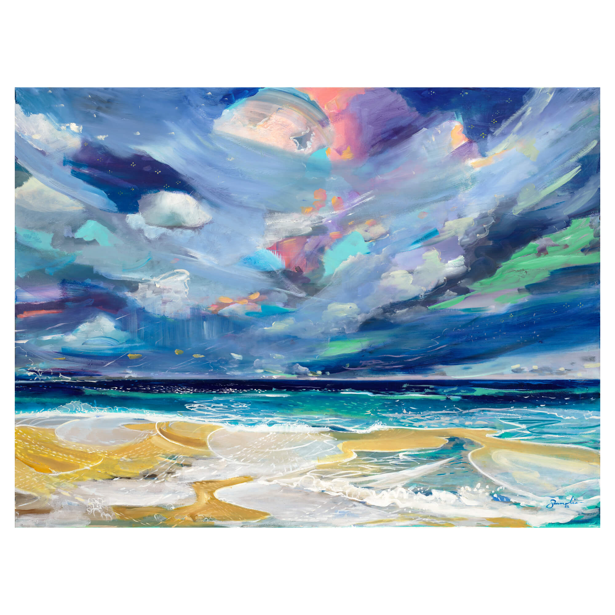 A canvas giclée art print featuring a colorful abstract ocean view by famed Hawaii artist Saumolia Puapuaga