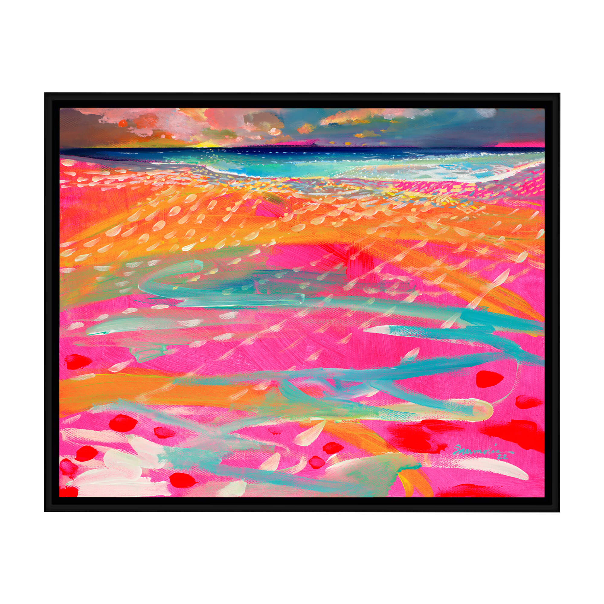 A framed canvas giclée art print featuring this beautiful vibrant neon-colored seascape by popular Hawaii artist Saumolia Puapuaga