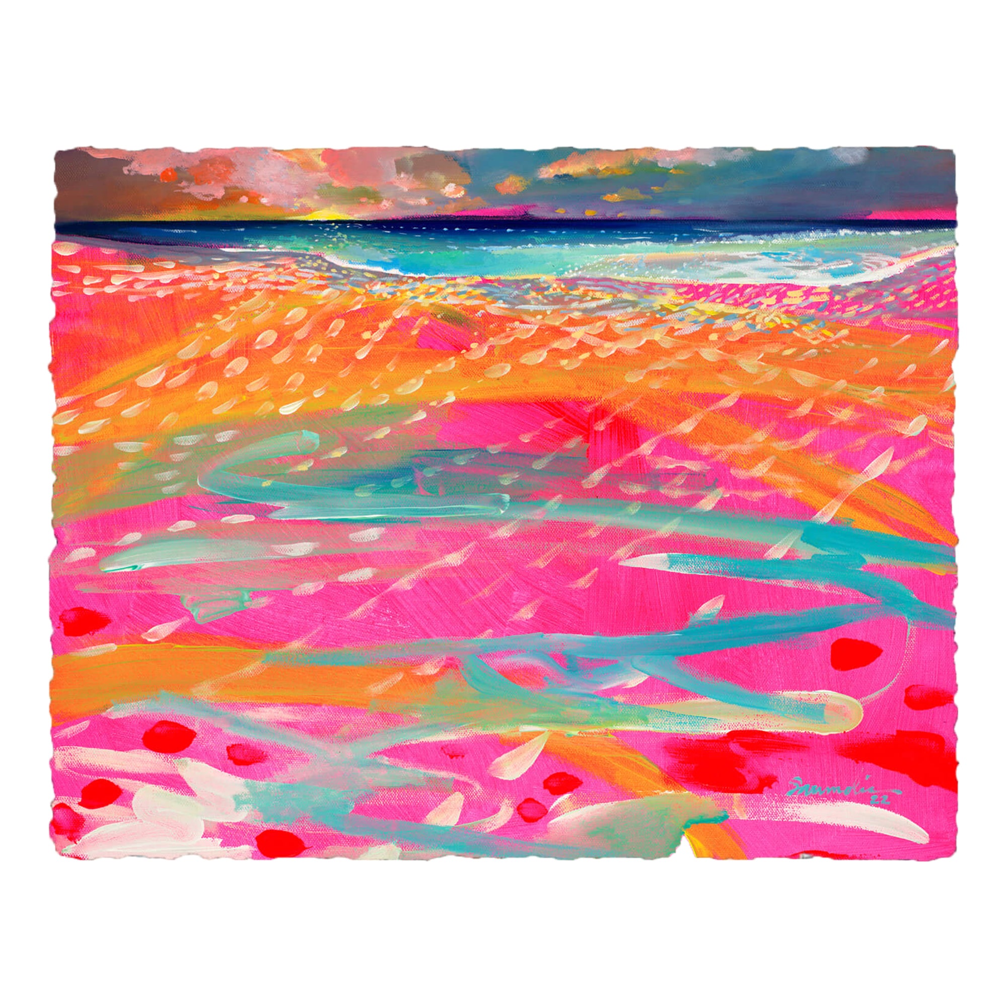 A watercolor paper giclée print featuring this beautiful vibrant neon-colored seascape by popular Hawaii artist Saumolia Puapuaga