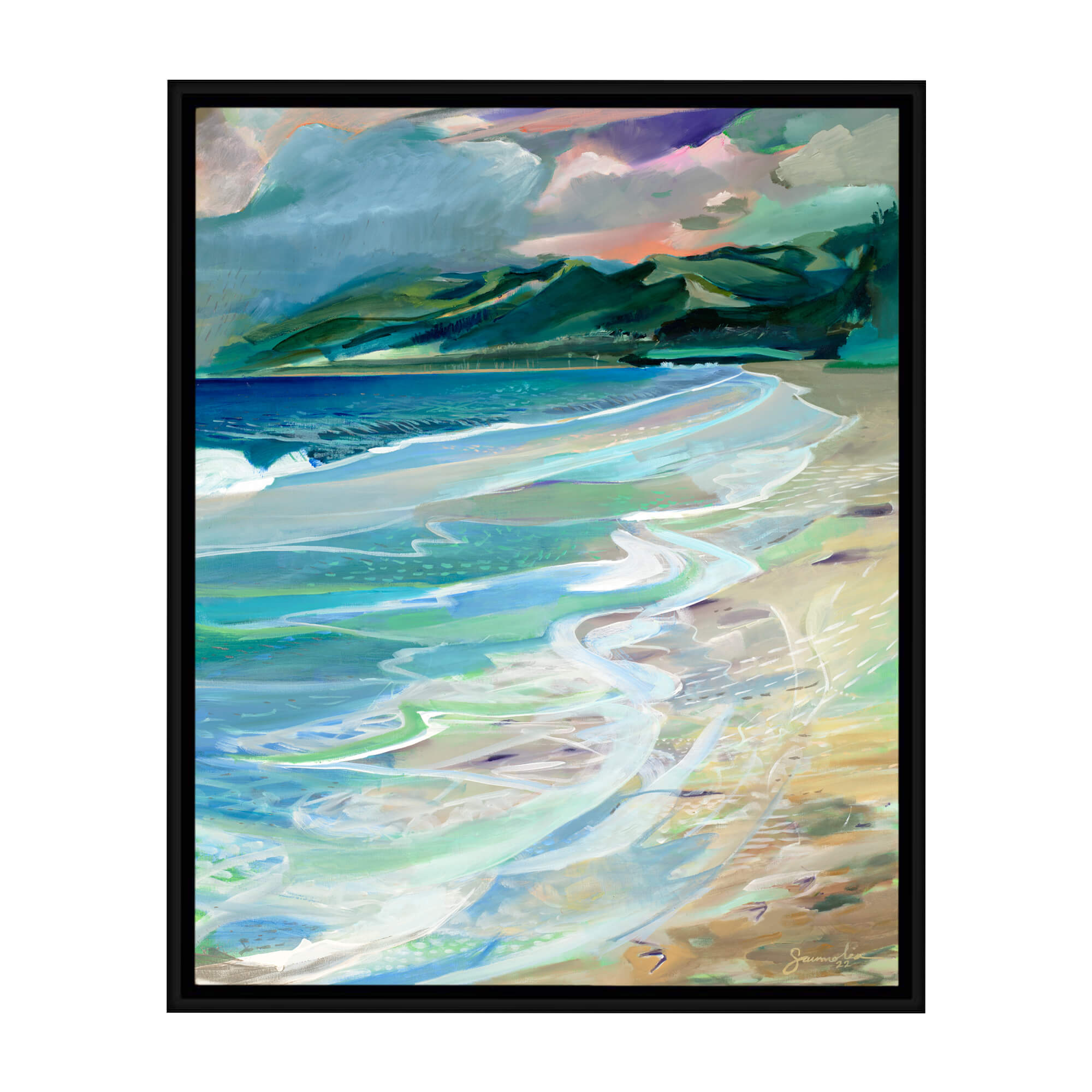 A framed canvas giclée art print featuring a beautiful abstract landscape with crashing waves and distant mountains by popular Hawaii artist Saumolia Puapuaga