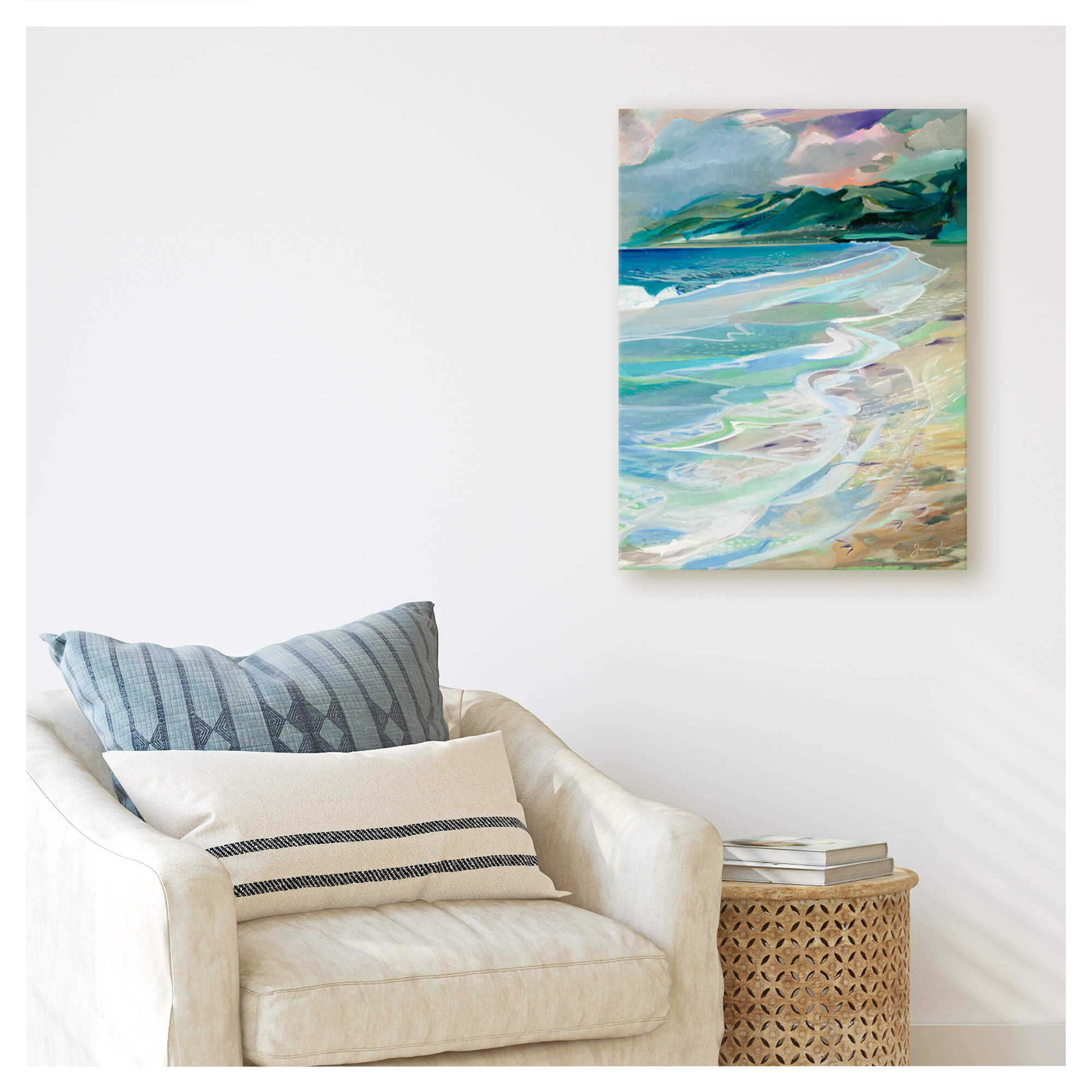 A canvas giclée art print featuring a beautiful abstract landscape with crashing waves and distant mountains by popular Hawaii artist Saumolia Puapuaga